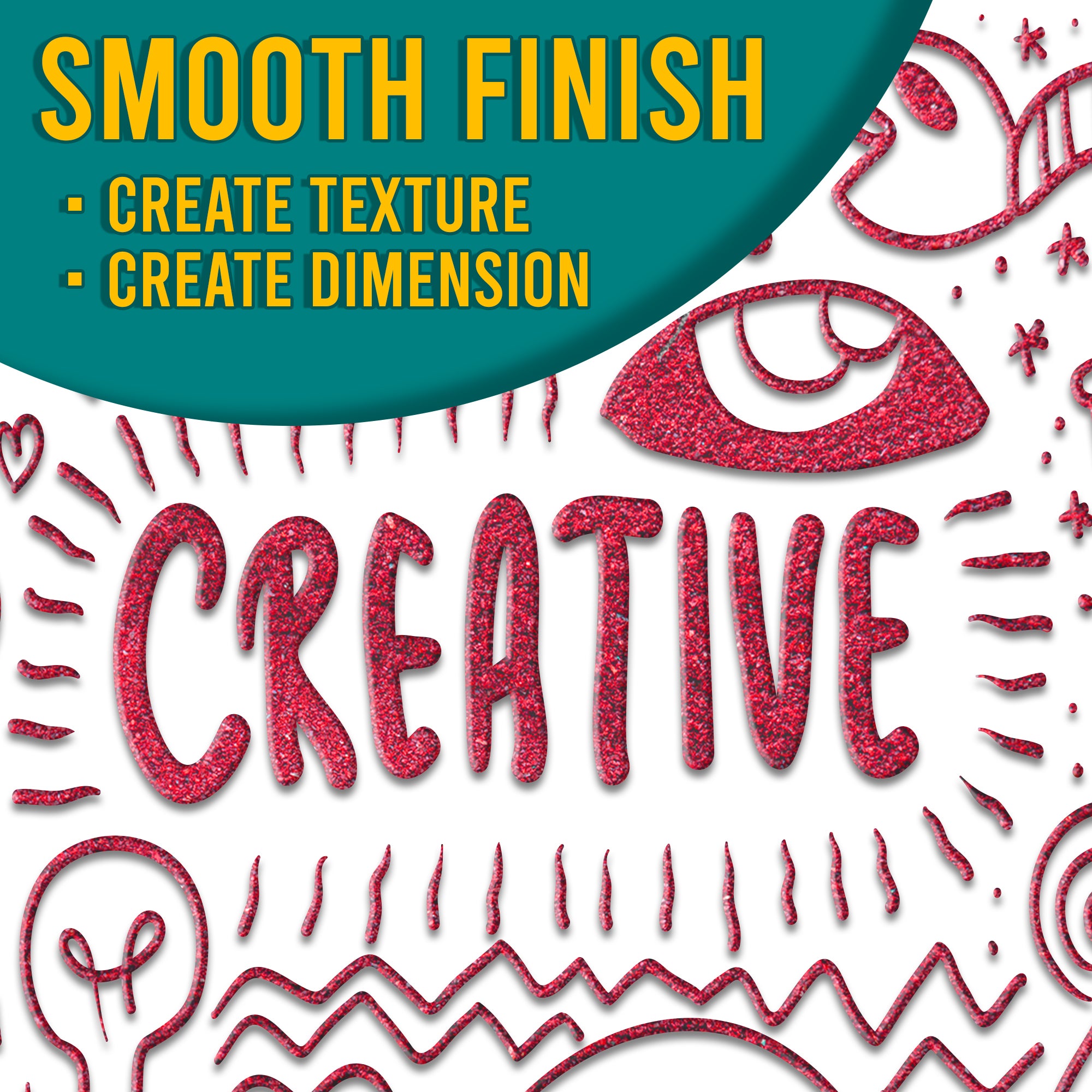 Showcase of the smooth finish achieved with Azalea Pink embossing powder, featuring the text 'Smooth Finish - Create Texture, Create Dimension' over a creative design.