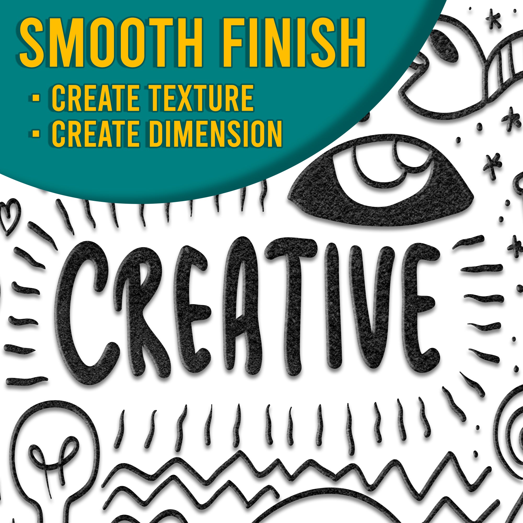 Visual demonstration of the smooth finish of Black embossing powder, with the text 'Smooth Finish - Create Texture, Create Dimension' overlaying an intricate design.