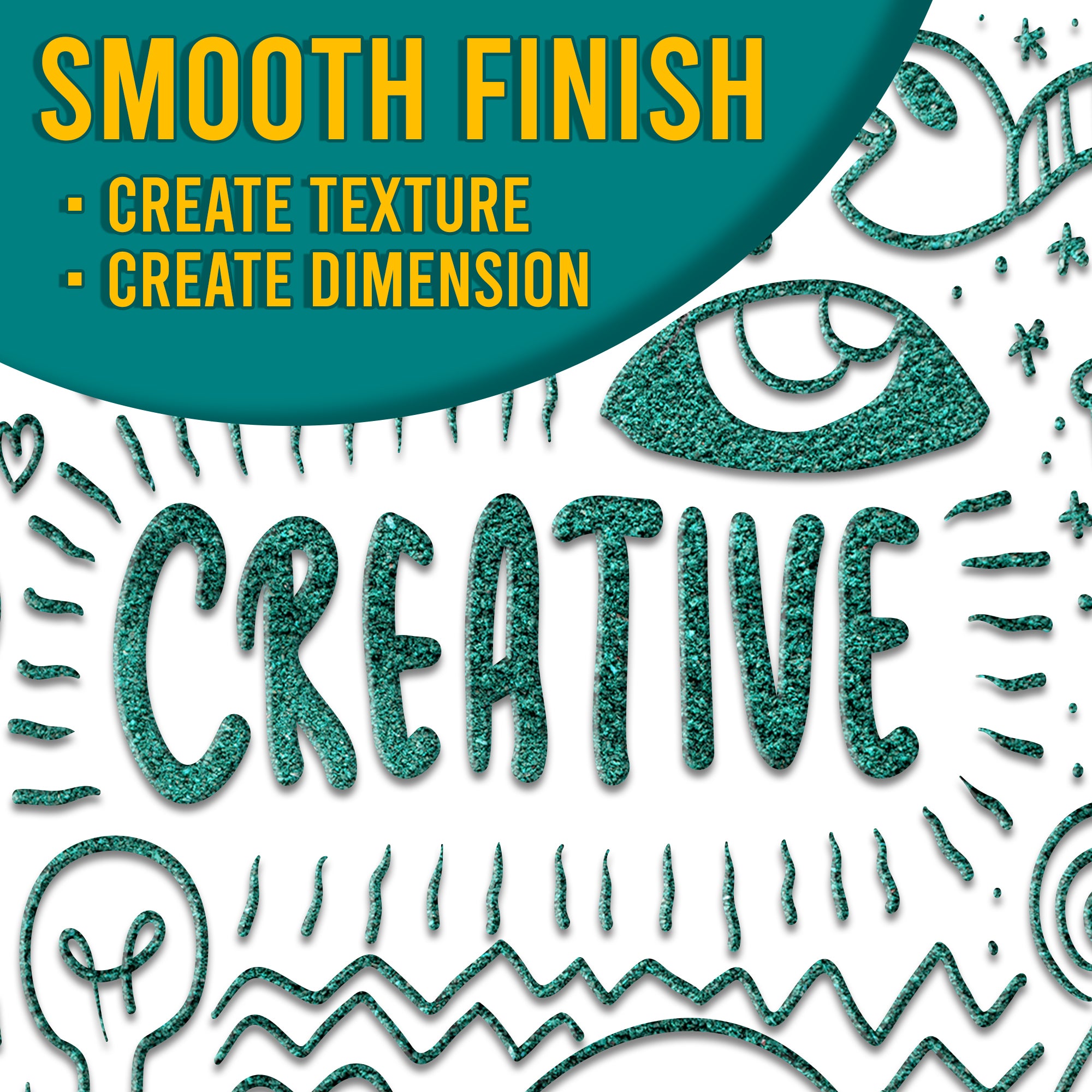 Visual demonstration of the smooth finish of Green embossing powder, with the text 'Smooth Finish - Create Texture, Create Dimension' over a detailed design.
