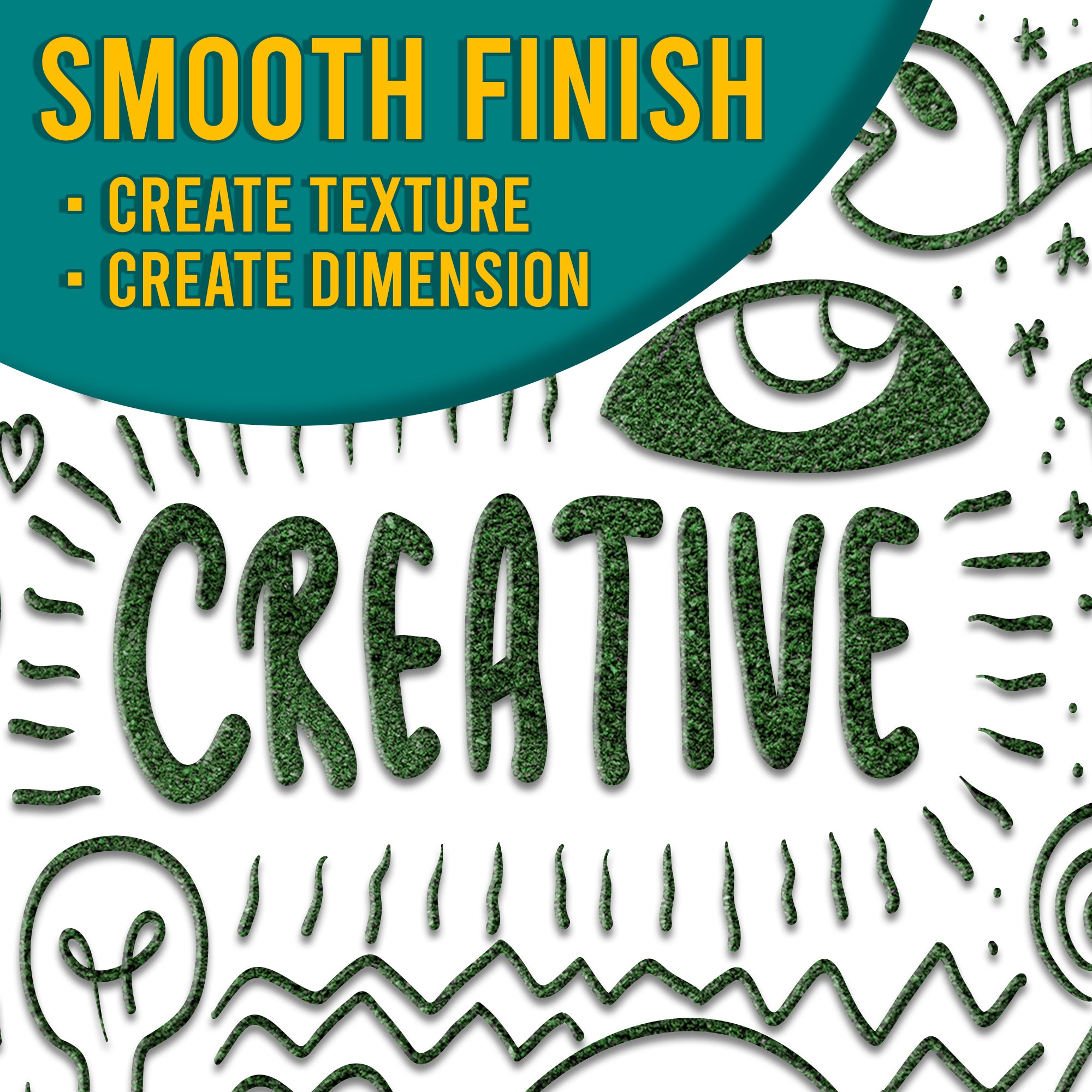 Visual demonstration of the smooth finish of Green Olive embossing powder, with the text 'Smooth Finish - Create Texture, Create Dimension' overlaying an intricate design.