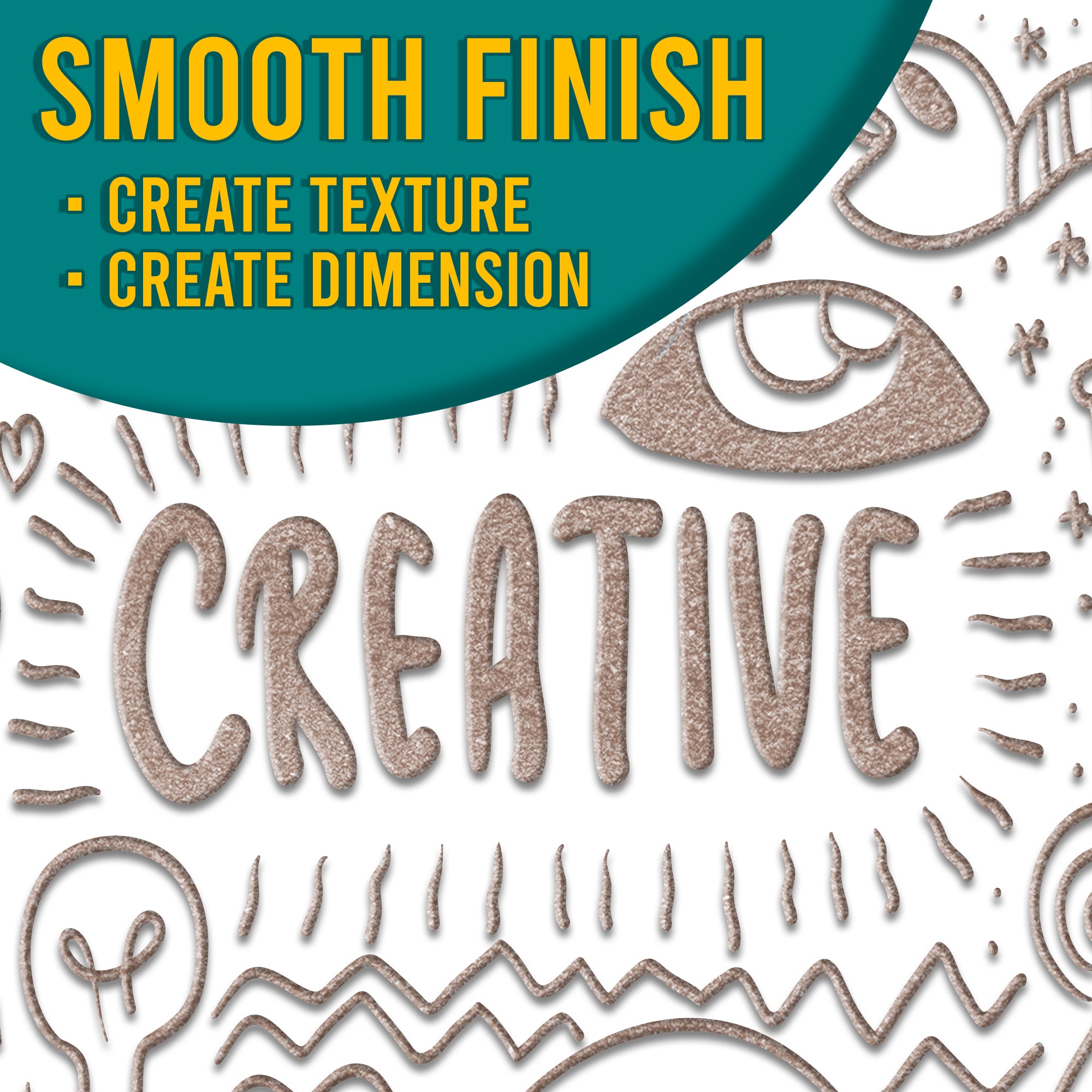 Visual demonstration of the smooth finish of Pink Pastel embossing powder, with the text 'Smooth Finish - Create Texture, Create Dimension' overlaying a creative design.