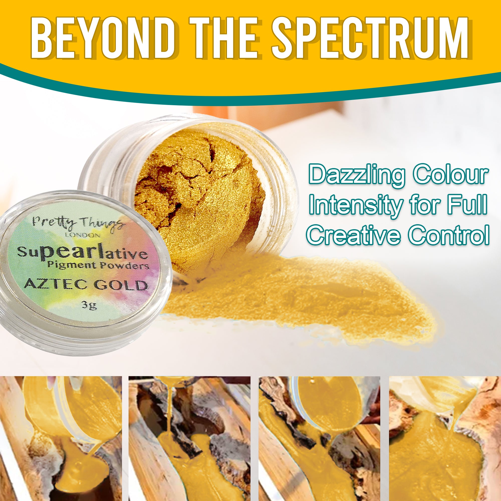 Aztec Gold pigment powder pouring from an open container, demonstrating dazzling colour intensity for full creative control. A series of images show the pigment in various stages of use.