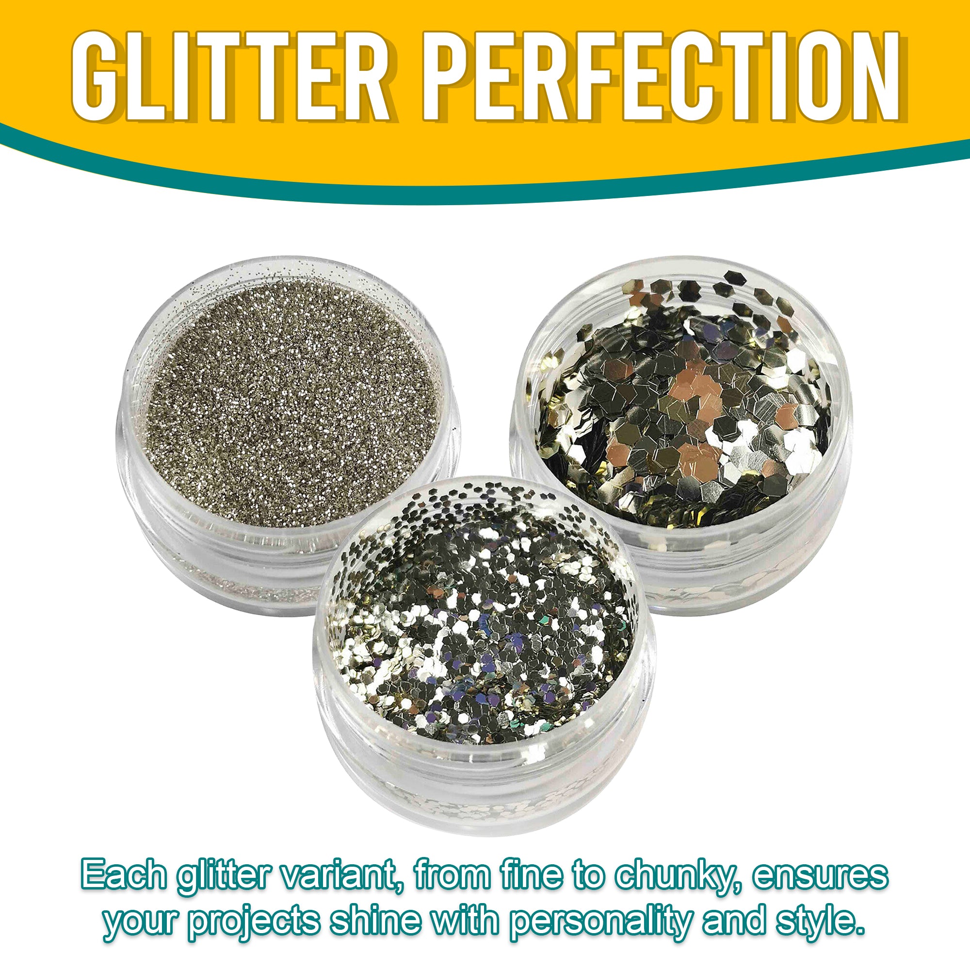 7.	Versatility in Use of Metallic Champagne Silver Glitter Trio - Fine, Regular, and Chunky Textures for Creative Projects