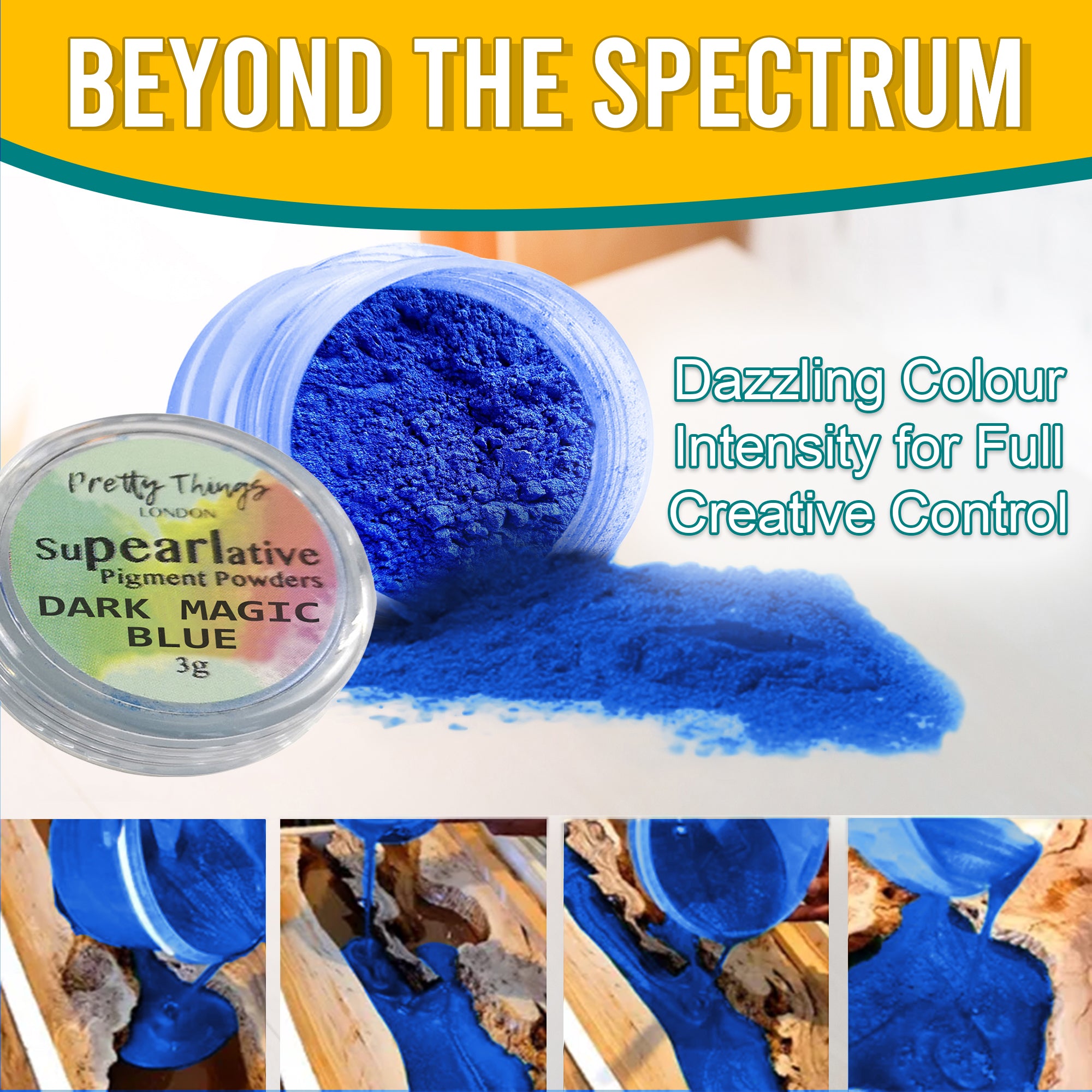 Dark Magic Blue pigment powder pouring from an open container, demonstrating dazzling colour intensity for full creative control. A series of images show the pigment in various stages of use.