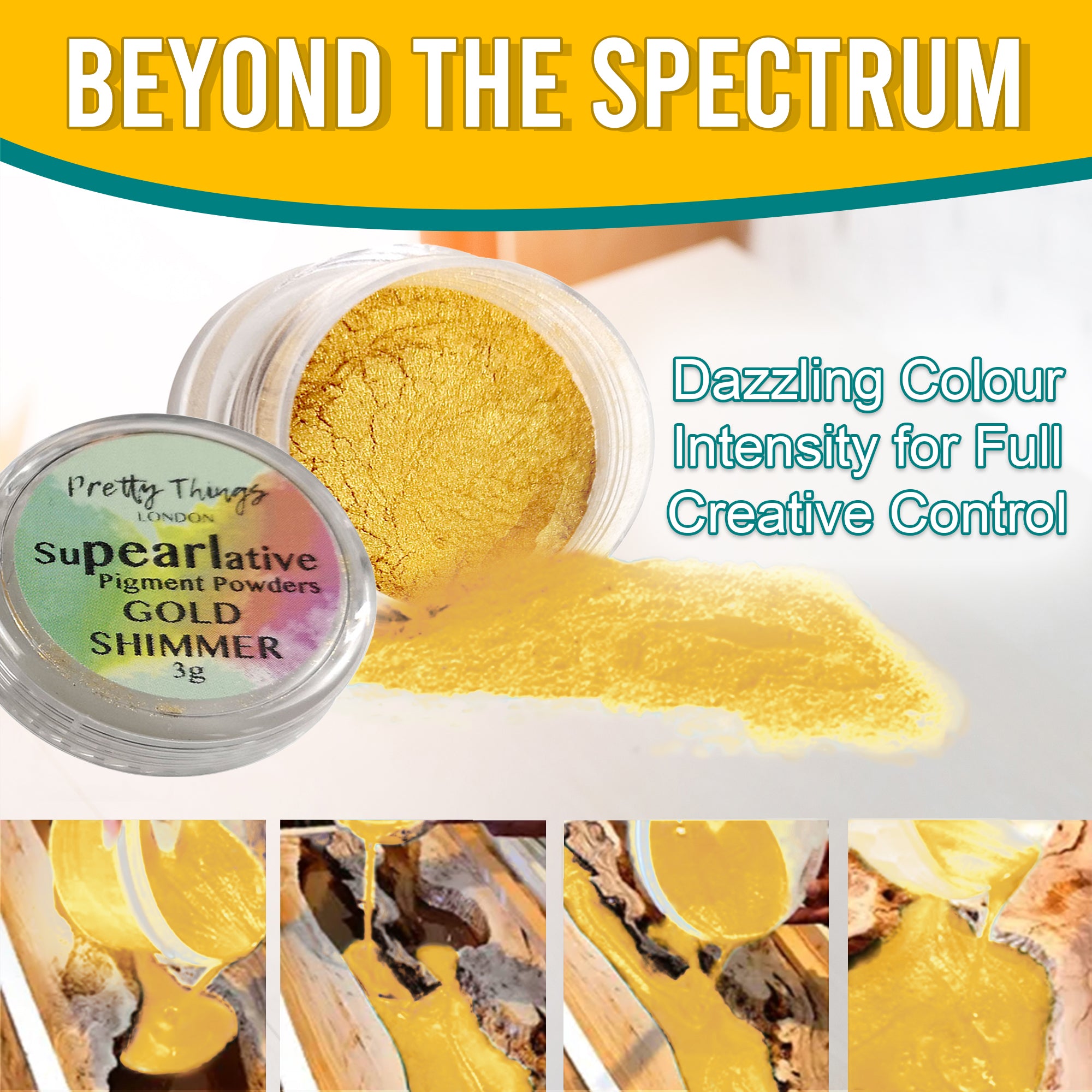 Gold Shimmer pigment powder pouring from an open container, demonstrating dazzling colour intensity for full creative control. A series of images show the pigment in various stages of use.