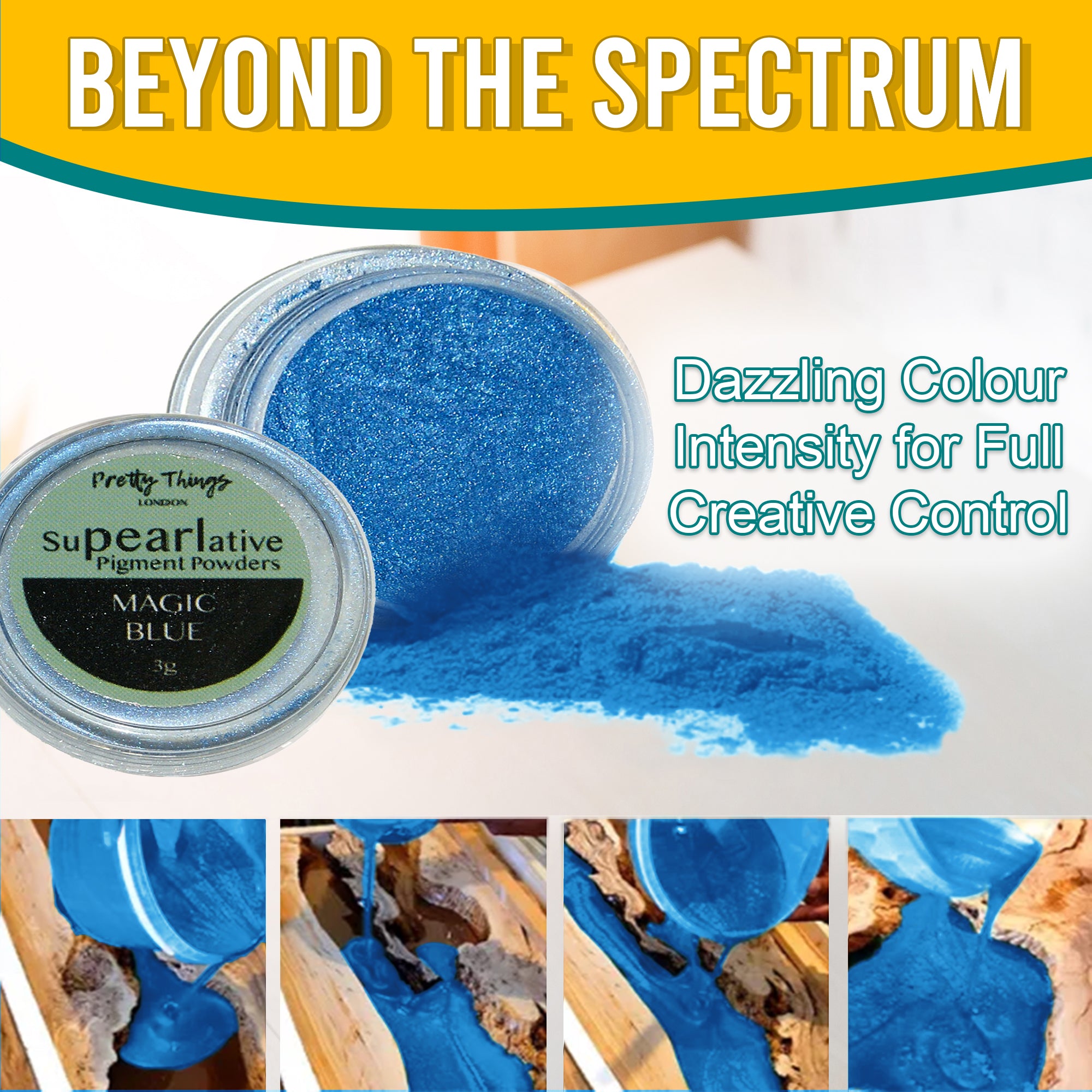 Magic Blue pigment powder pouring from an open container, demonstrating dazzling colour intensity for full creative control. A series of images show the pigment in various stages of use.