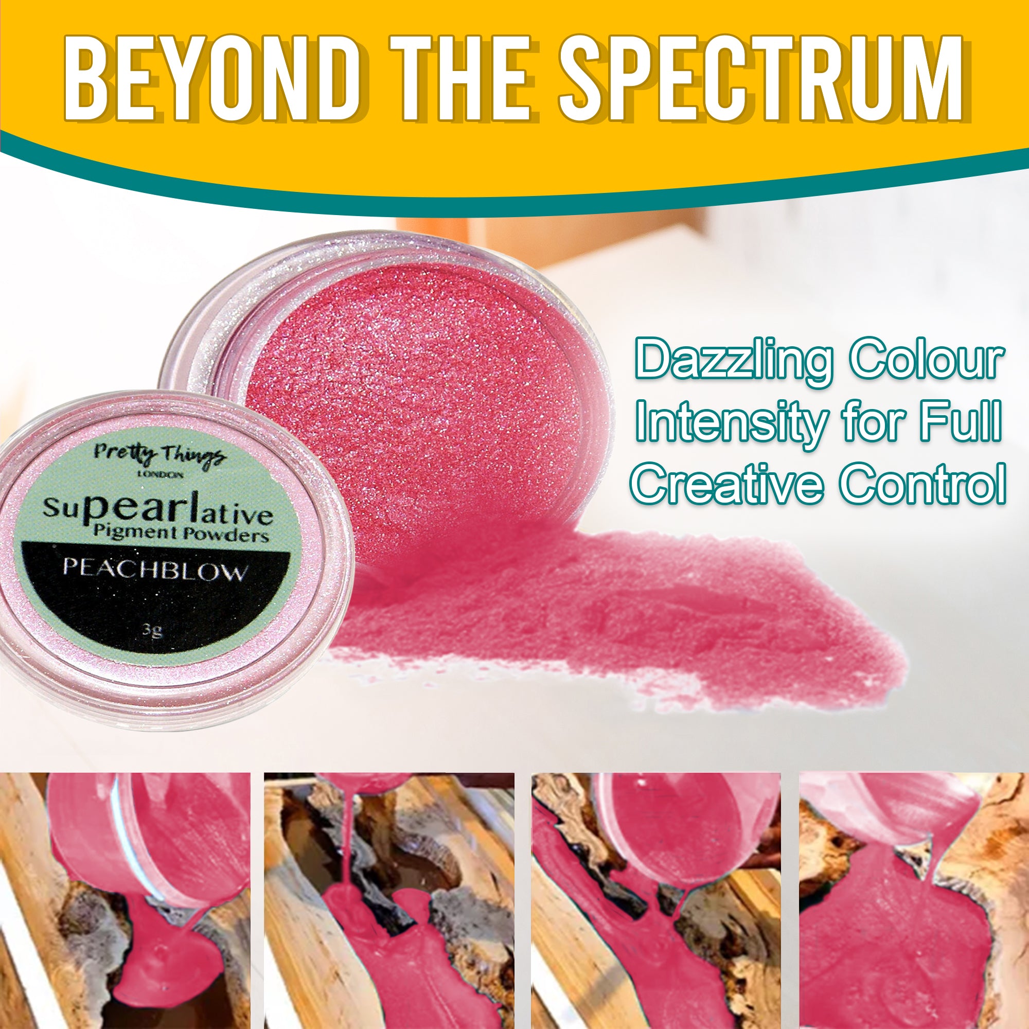 Peachblow pigment powder pouring from an open container, demonstrating dazzling colour intensity for full creative control. A series of images show the pigment in various stages of use.