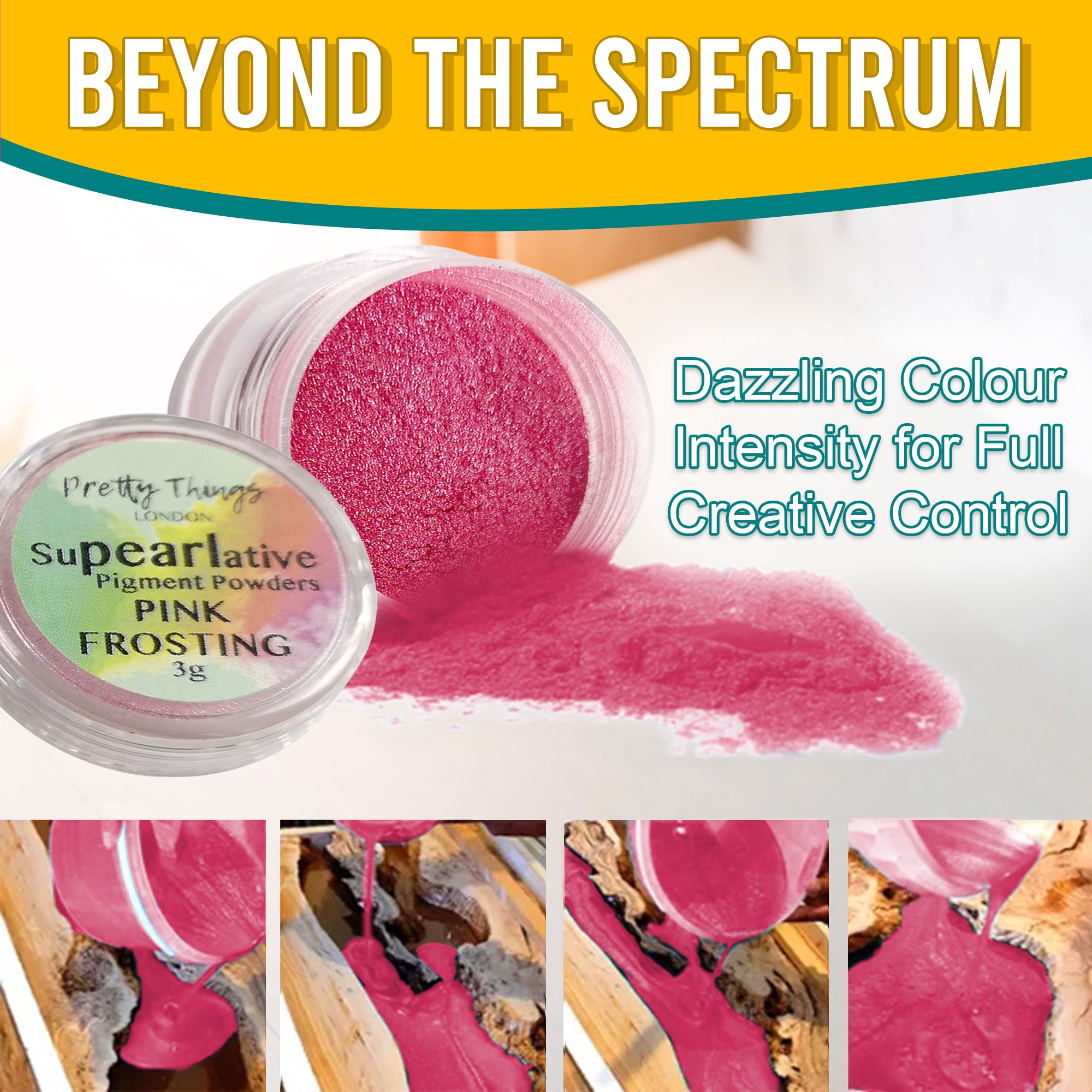 Pink Frosting pigment powder pouring from an open container, demonstrating dazzling colour intensity for full creative control. A series of images show the pigment in various stages of use.