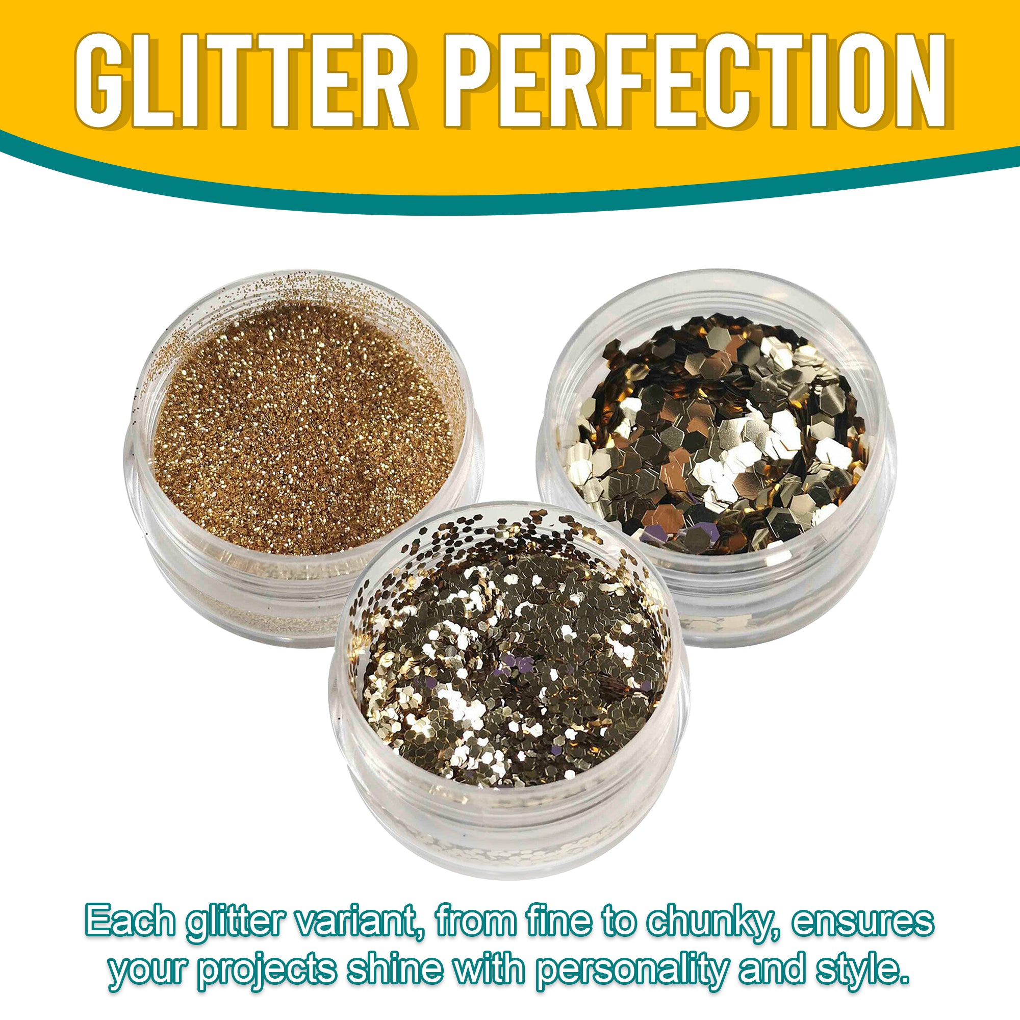 7.	Versatility in Use of Metallic Platinum Gold Glitter Trio - Fine, Regular, and Chunky Textures for Creative Projects