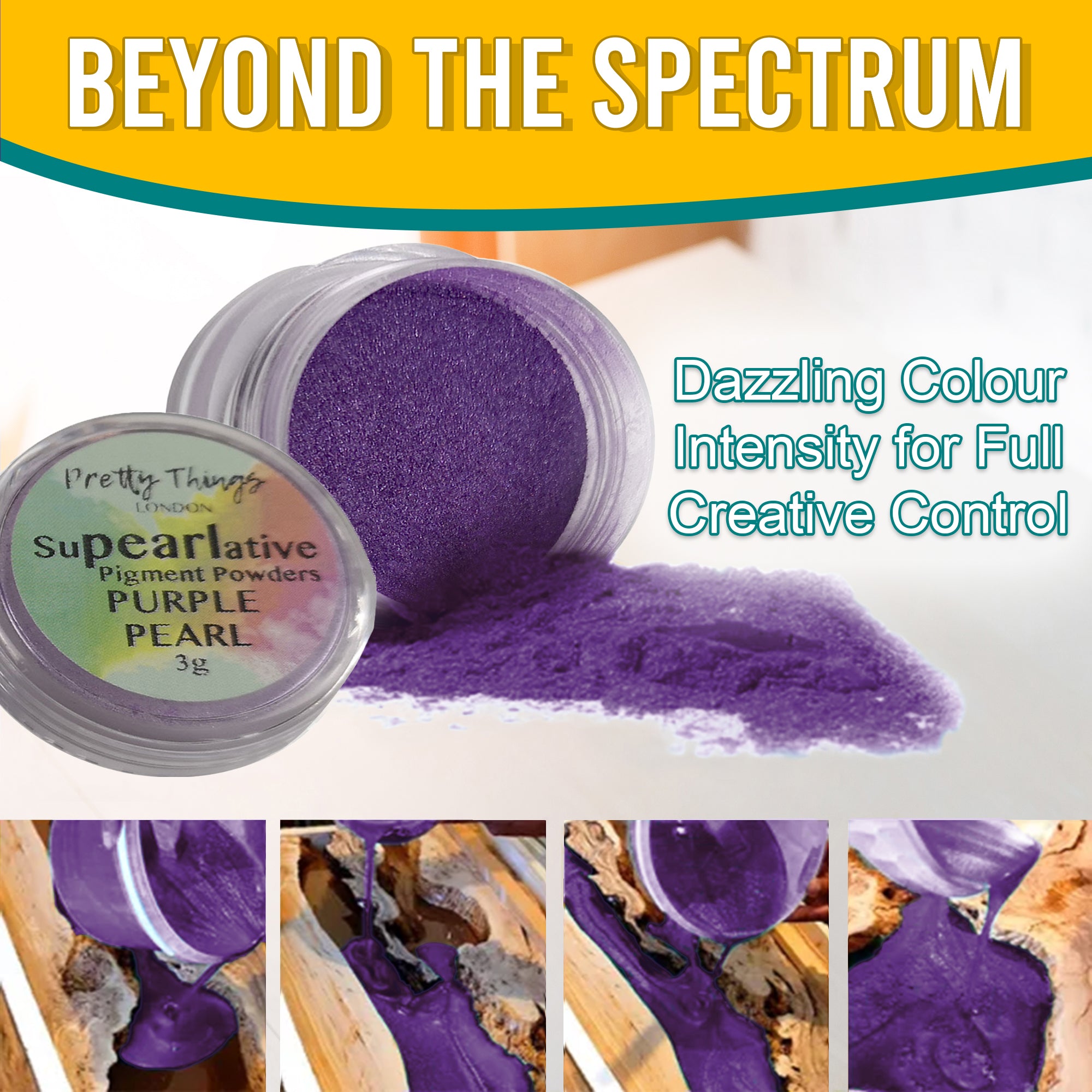 Purple Pearl pigment powder pouring from an open container, demonstrating dazzling colour intensity for full creative control. A series of images show the pigment in various stages of use.