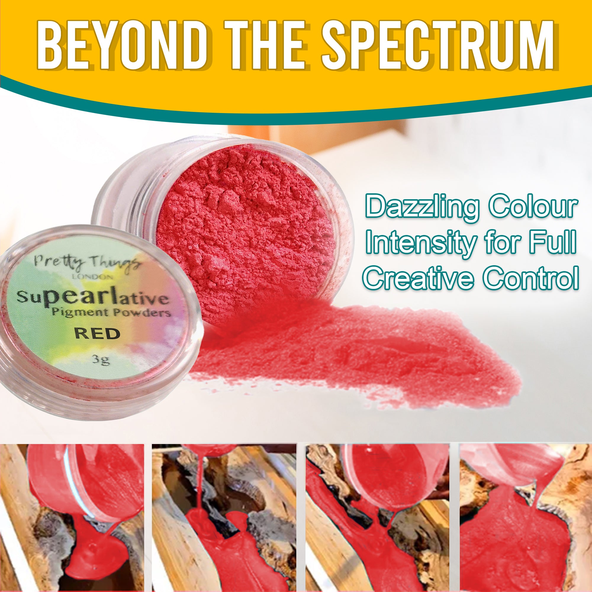 Red pigment powder pouring from an open container, demonstrating dazzling colour intensity for full creative control. A series of images show the pigment in various stages of use.