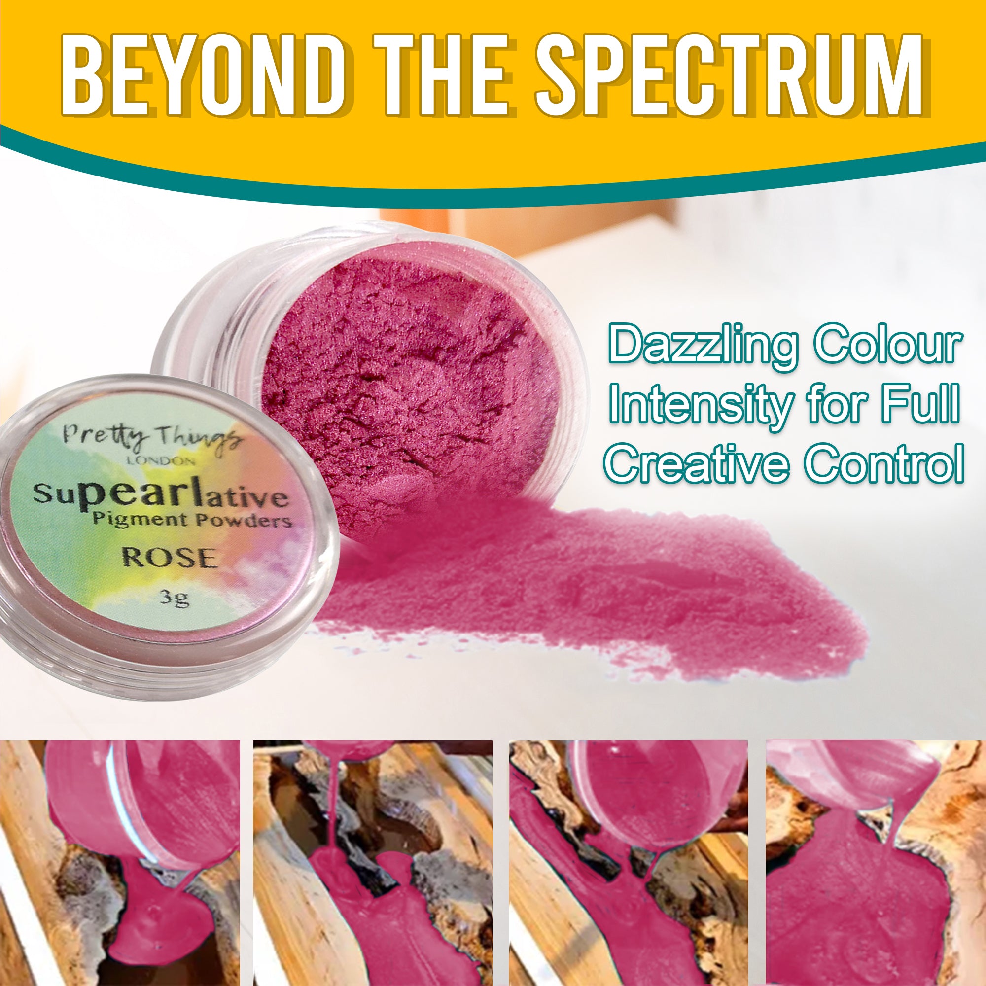 Rose pigment powder pouring from an open container, demonstrating dazzling colour intensity for full creative control. A series of images show the pigment in various stages of use.