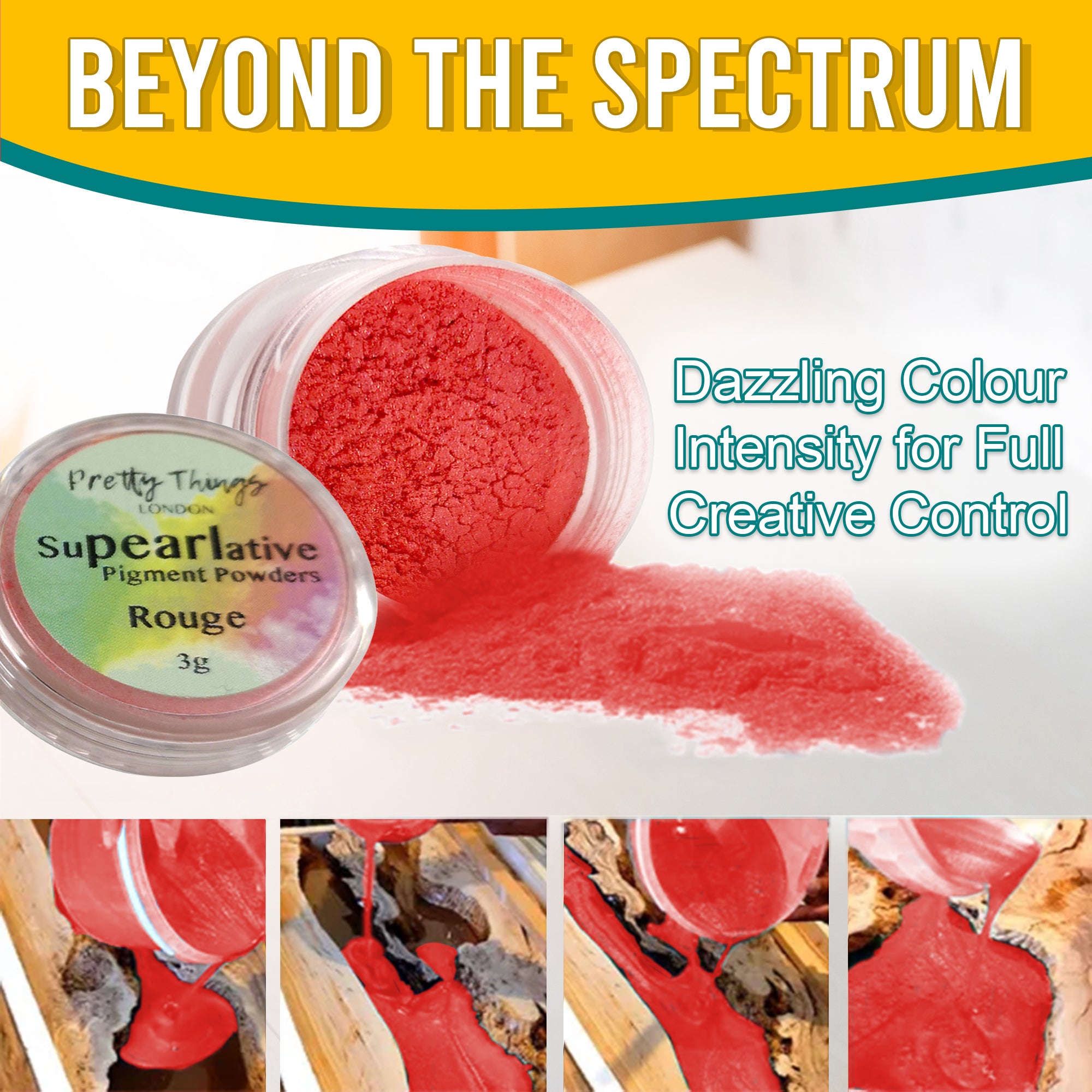 Rouge pigment powder pouring from an open container, demonstrating dazzling colour intensity for full creative control. A series of images show the pigment in various stages of use.