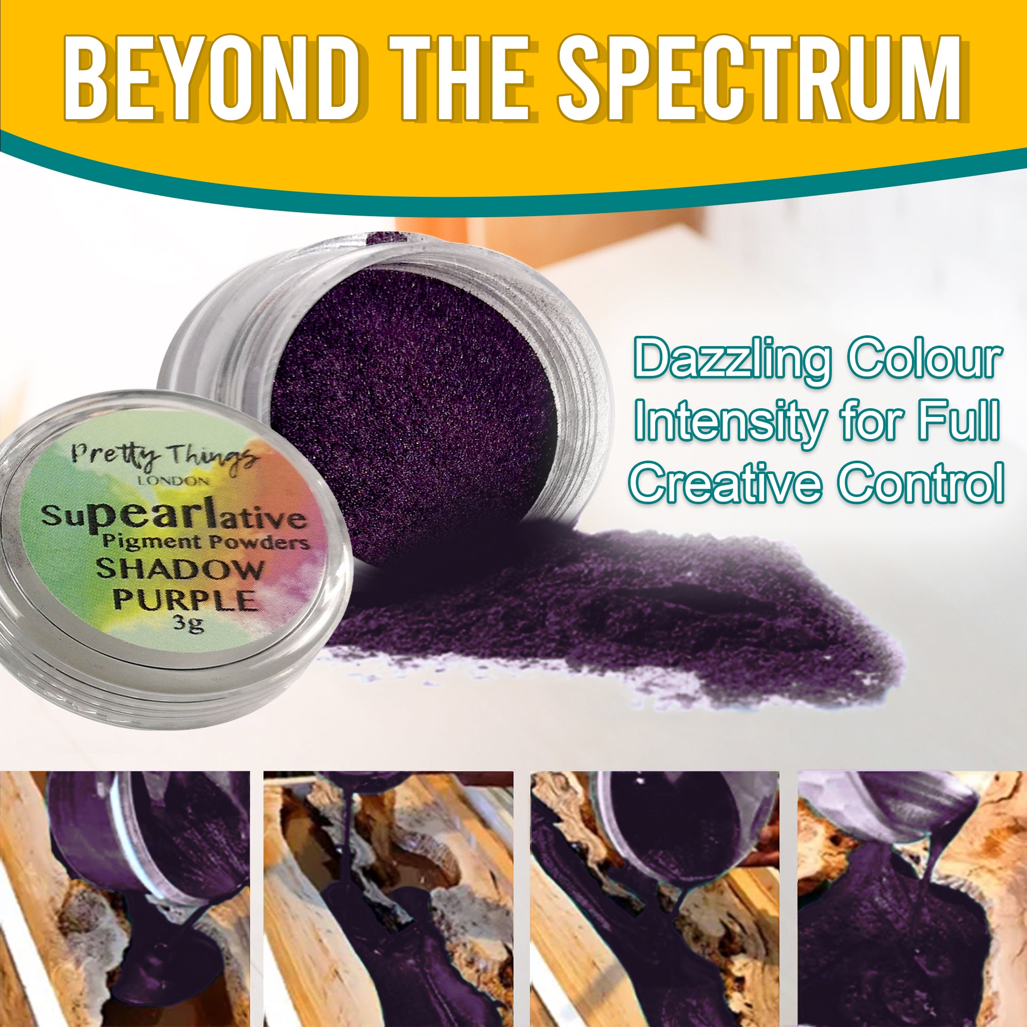 Shadow Purple pigment powder pouring from an open container, demonstrating dazzling colour intensity for full creative control. A series of images show the pigment in various stages of use.