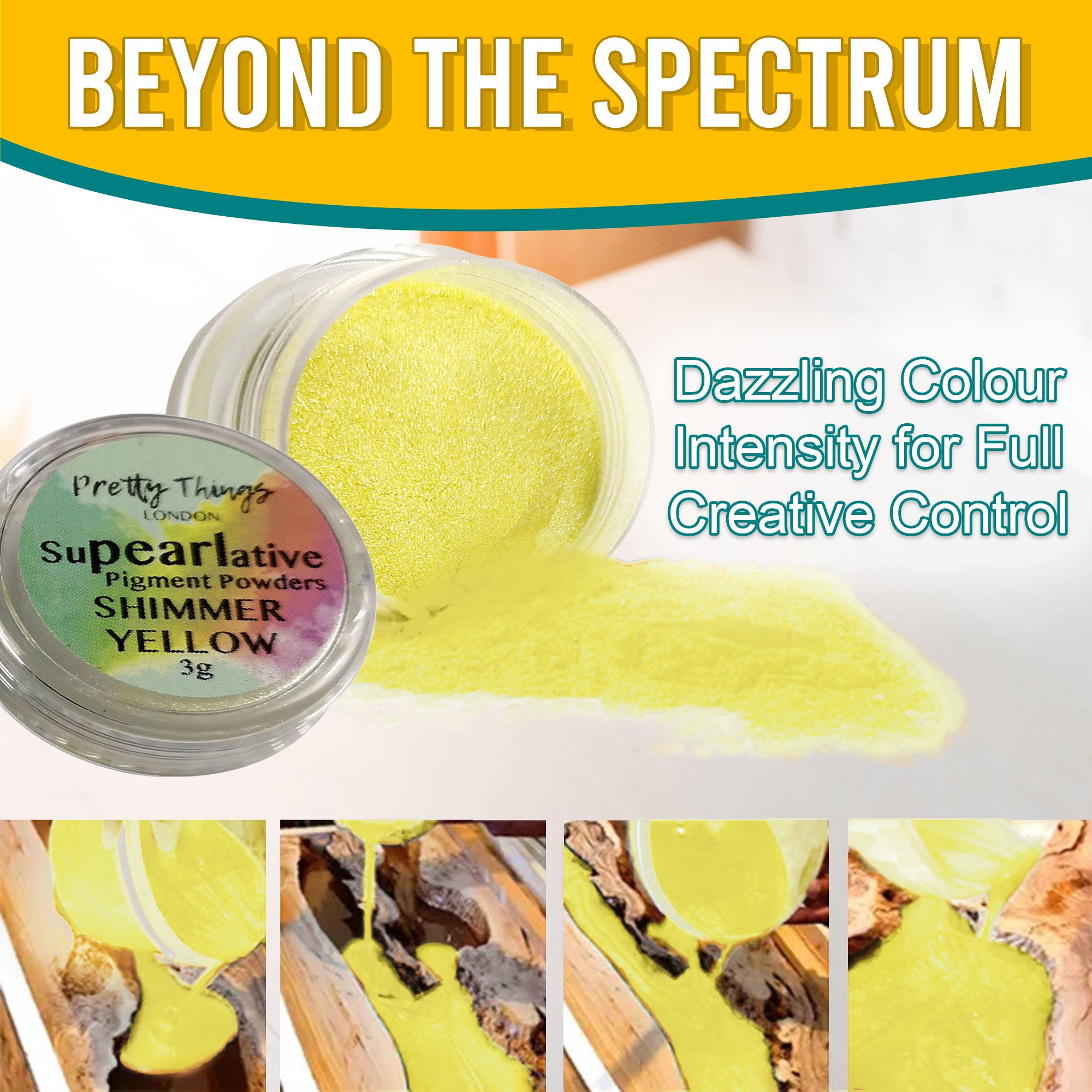 Shimmer Yellow pigment powder pouring from an open container, demonstrating dazzling colour intensity for full creative control. A series of images show the pigment in various stages of use.