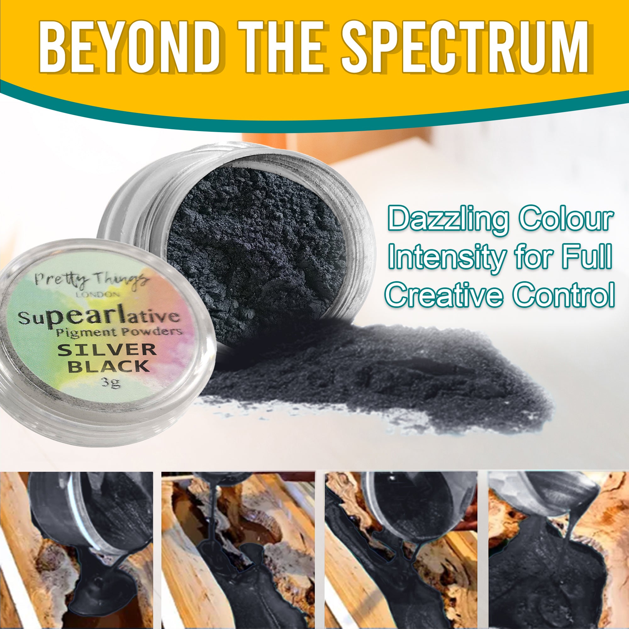 Silver Black pigment powder pouring from an open container, demonstrating dazzling colour intensity for full creative control. A series of images show the pigment in various stages of use.