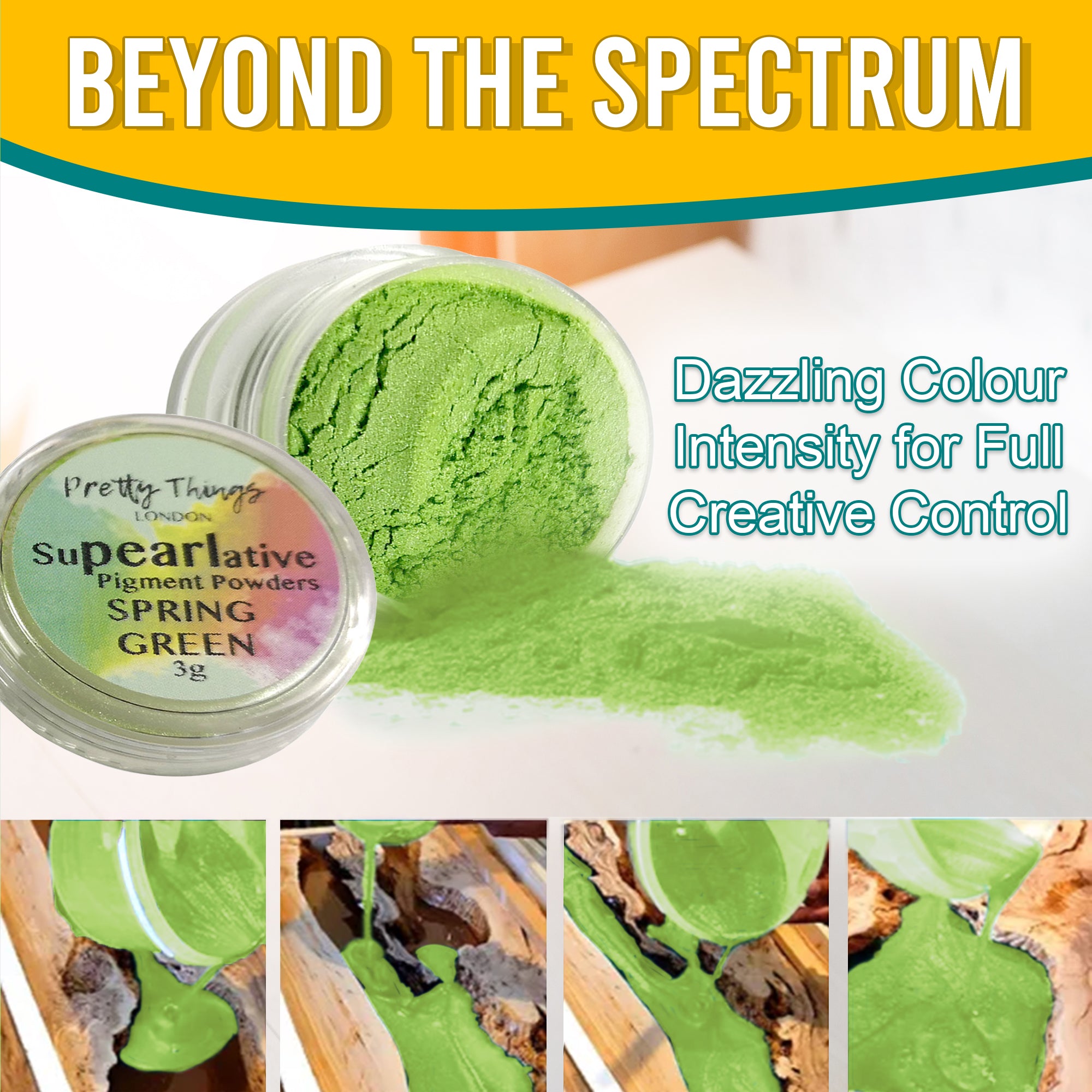 Spring Green pigment powder pouring from an open container, demonstrating dazzling colour intensity for full creative control. A series of images show the pigment in various stages of use.