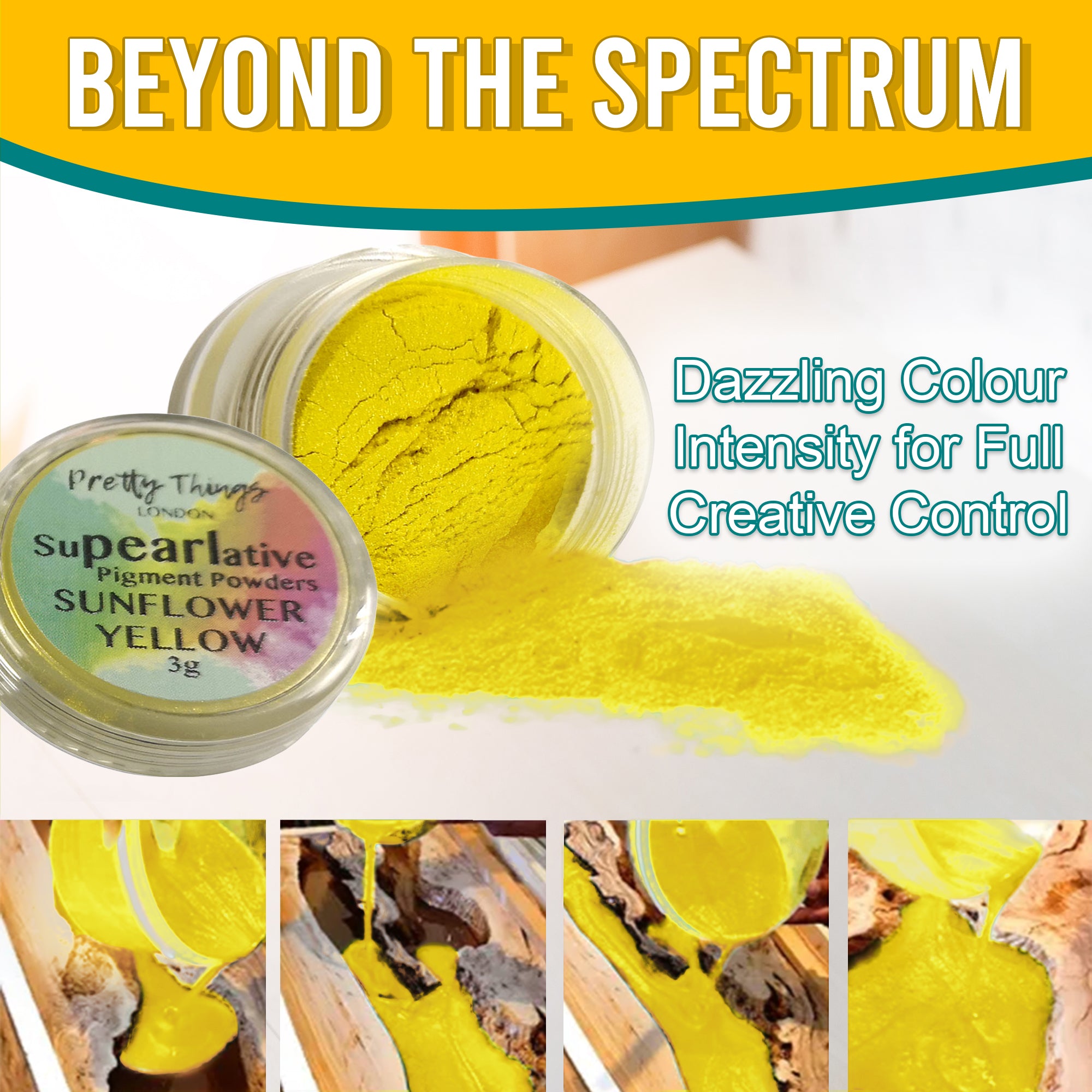 Sunflower Yellow pigment powder pouring from an open container, demonstrating dazzling colour intensity for full creative control. A series of images show the pigment in various stages of use.