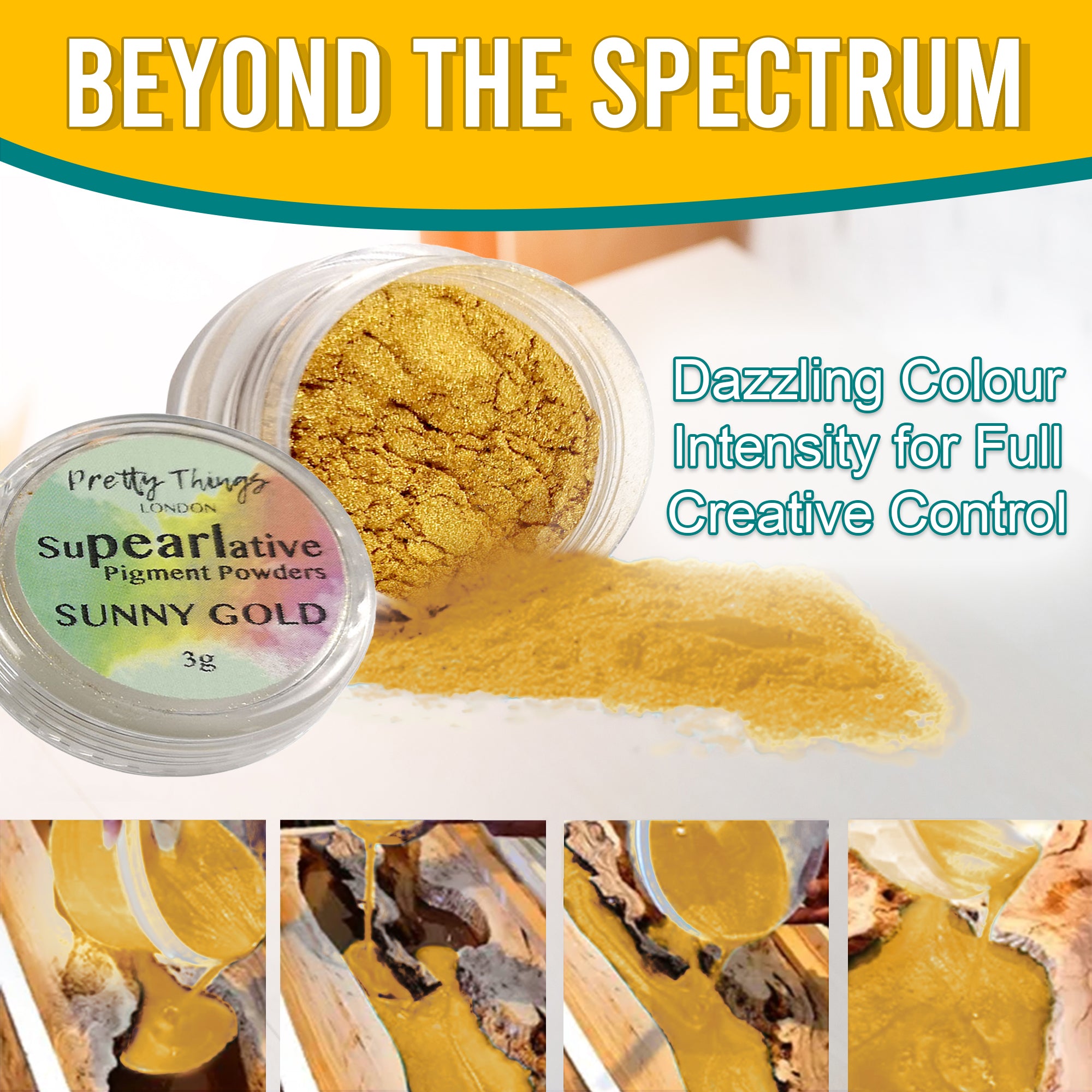 Sunny Gold pigment powder pouring from an open container, demonstrating dazzling colour intensity for full creative control. A series of images show the pigment in various stages of use.