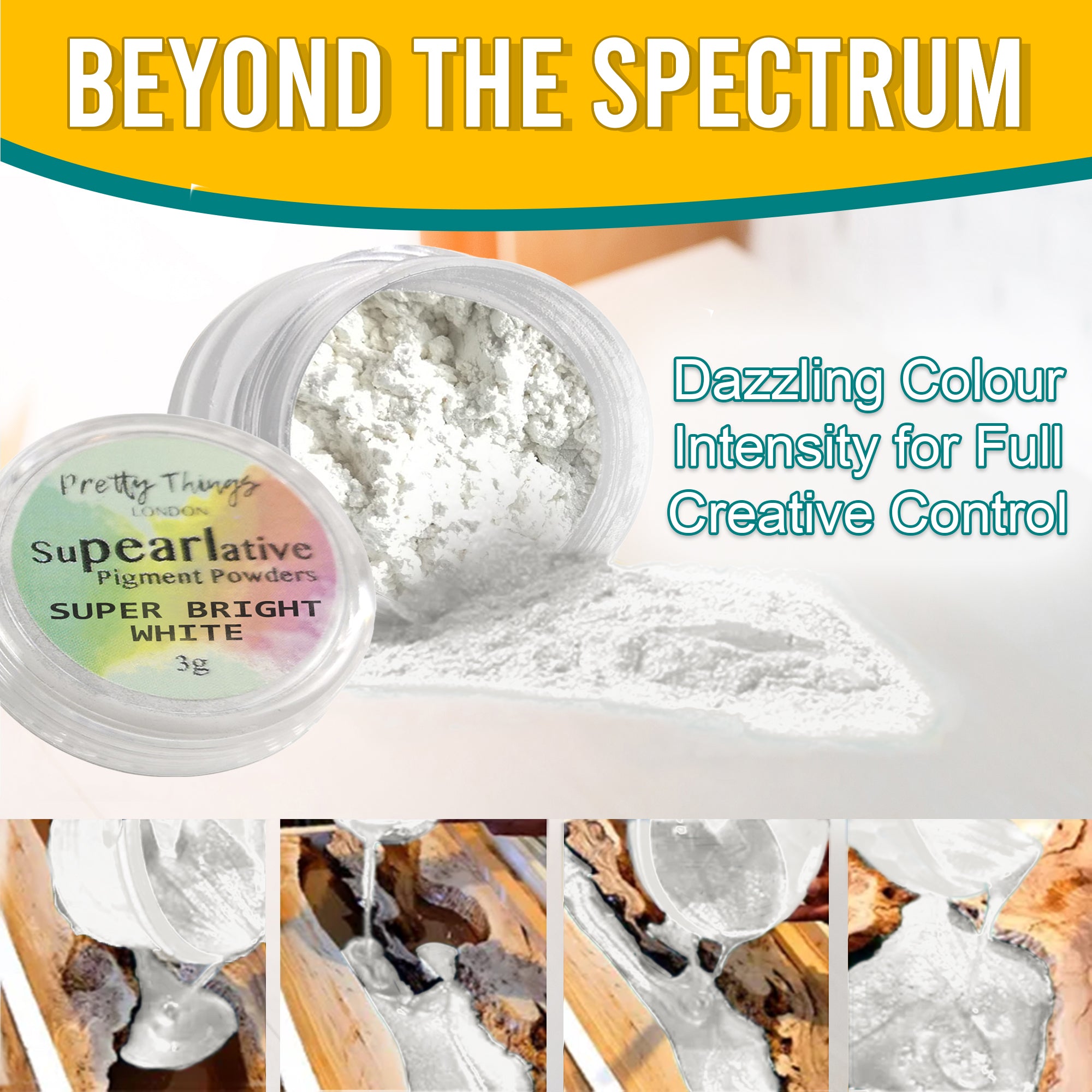 Super Bright White pigment powder pouring from an open container, demonstrating dazzling colour intensity for full creative control. A series of images show the pigment in various stages of use.