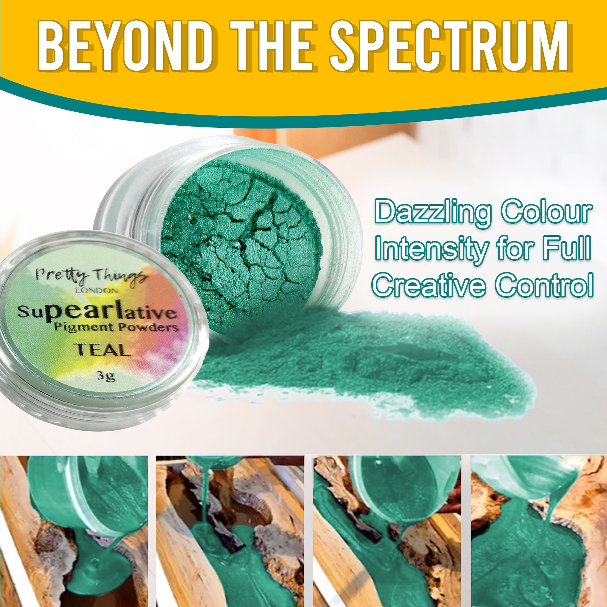 Teal pigment powder pouring from an open container, demonstrating dazzling colour intensity for full creative control. A series of images show the pigment in various stages of use.