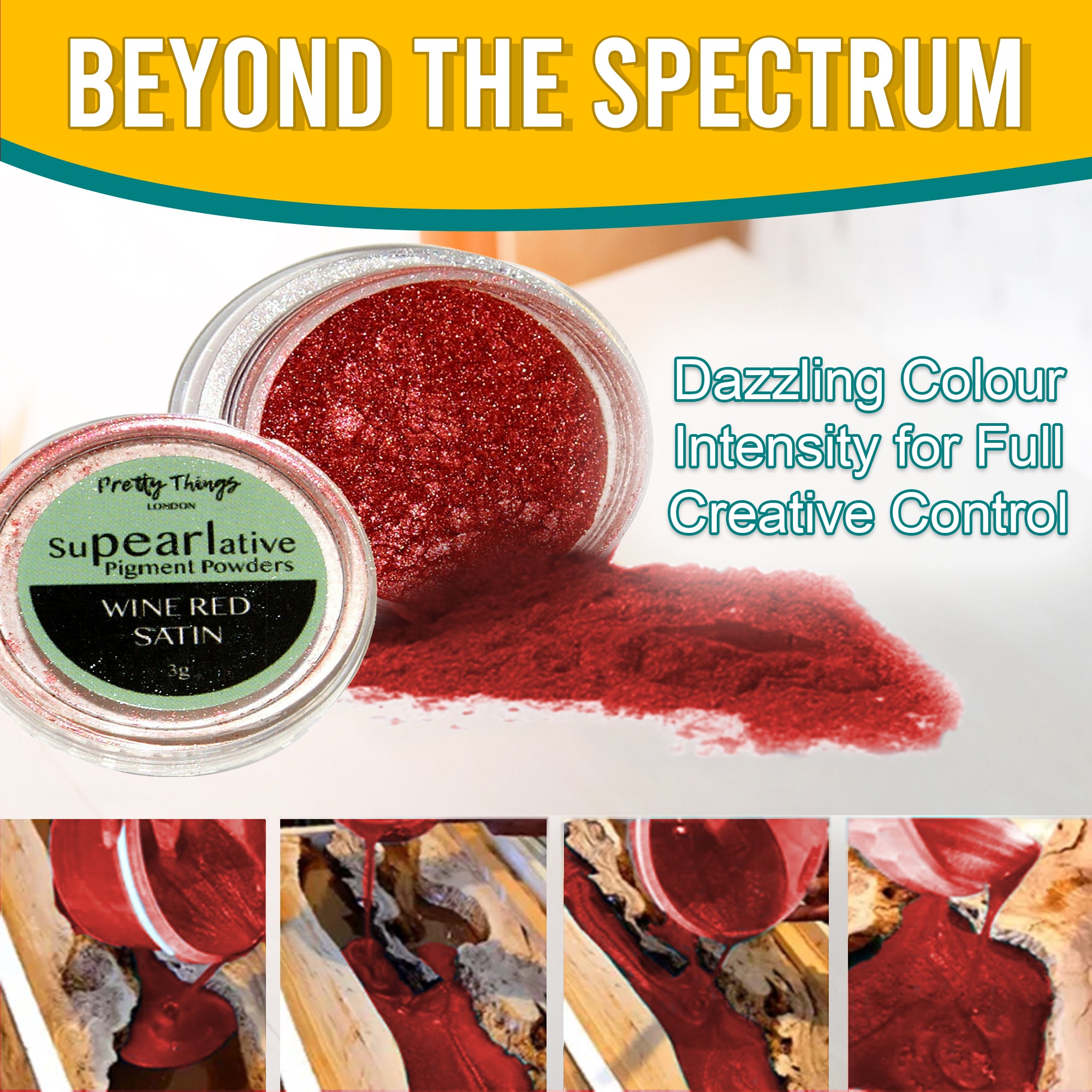 Wine Red Satin pigment powder pouring from an open container, demonstrating dazzling colour intensity for full creative control. A series of images show the pigment in various stages of use.