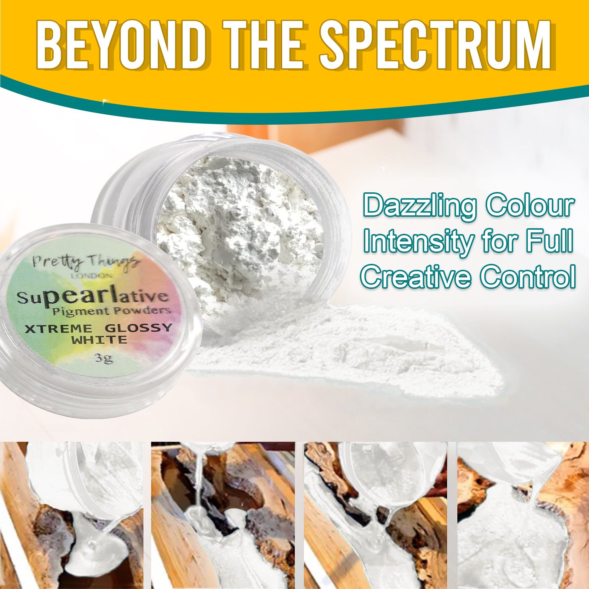 Xtreme Glossy White pigment powder pouring from an open container, demonstrating dazzling colour intensity for full creative control. A series of images show the pigment in various stages of use.