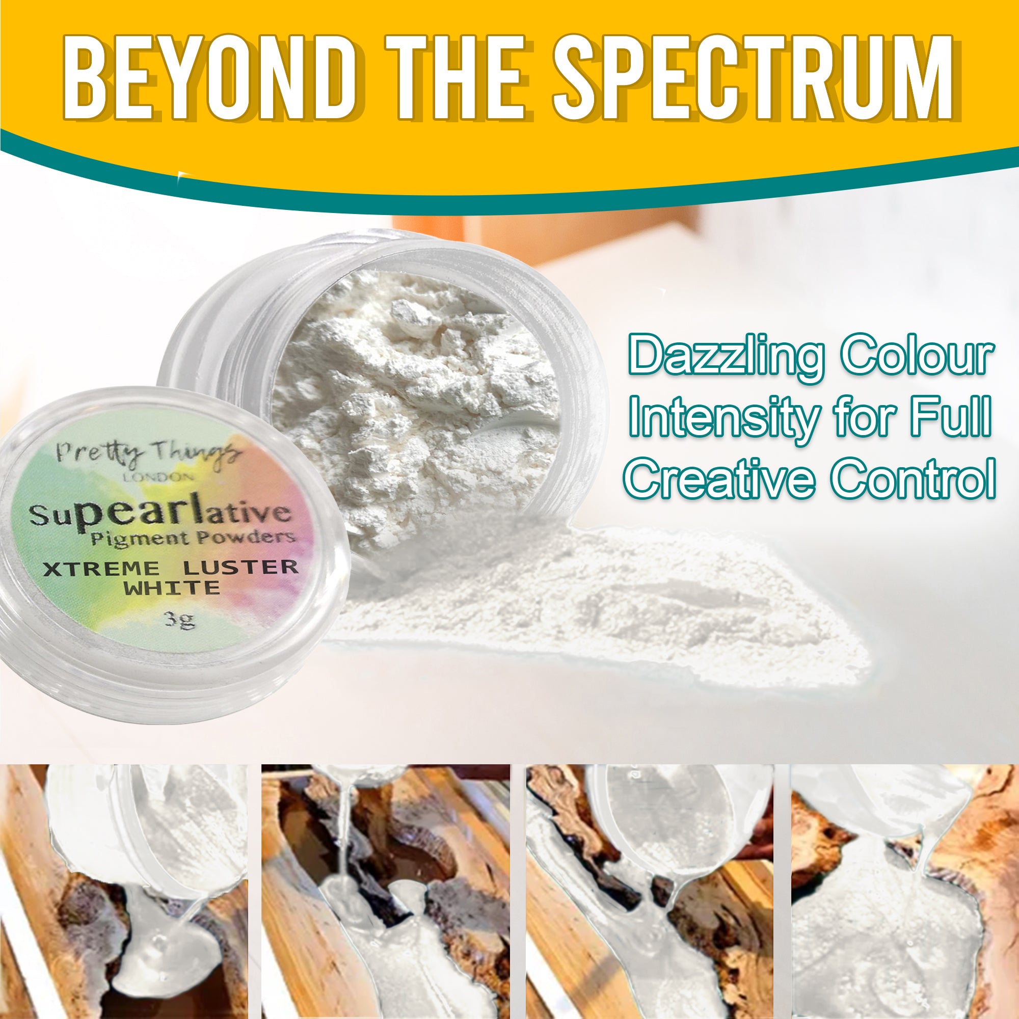 Xtreme Luster White pigment powder pouring from an open container, demonstrating dazzling colour intensity for full creative control. A series of images show the pigment in various stages of use.