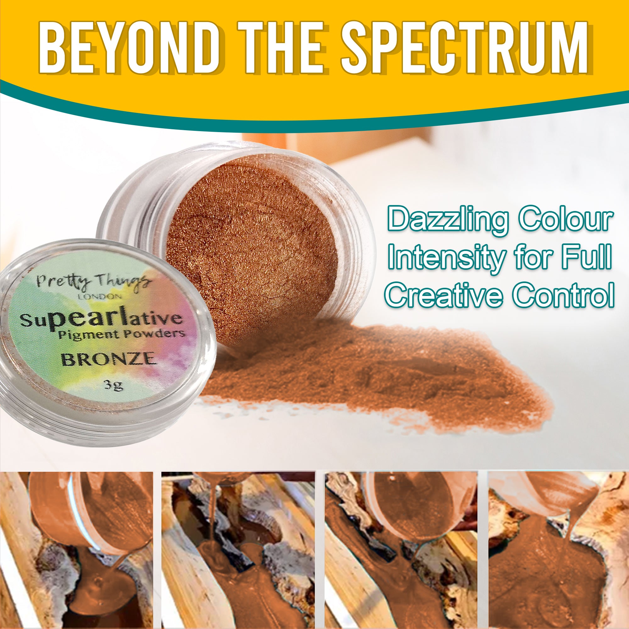 Bronze pigment powder pouring from an open container, demonstrating dazzling colour intensity for full creative control. A series of images show the pigment in various stages of use.