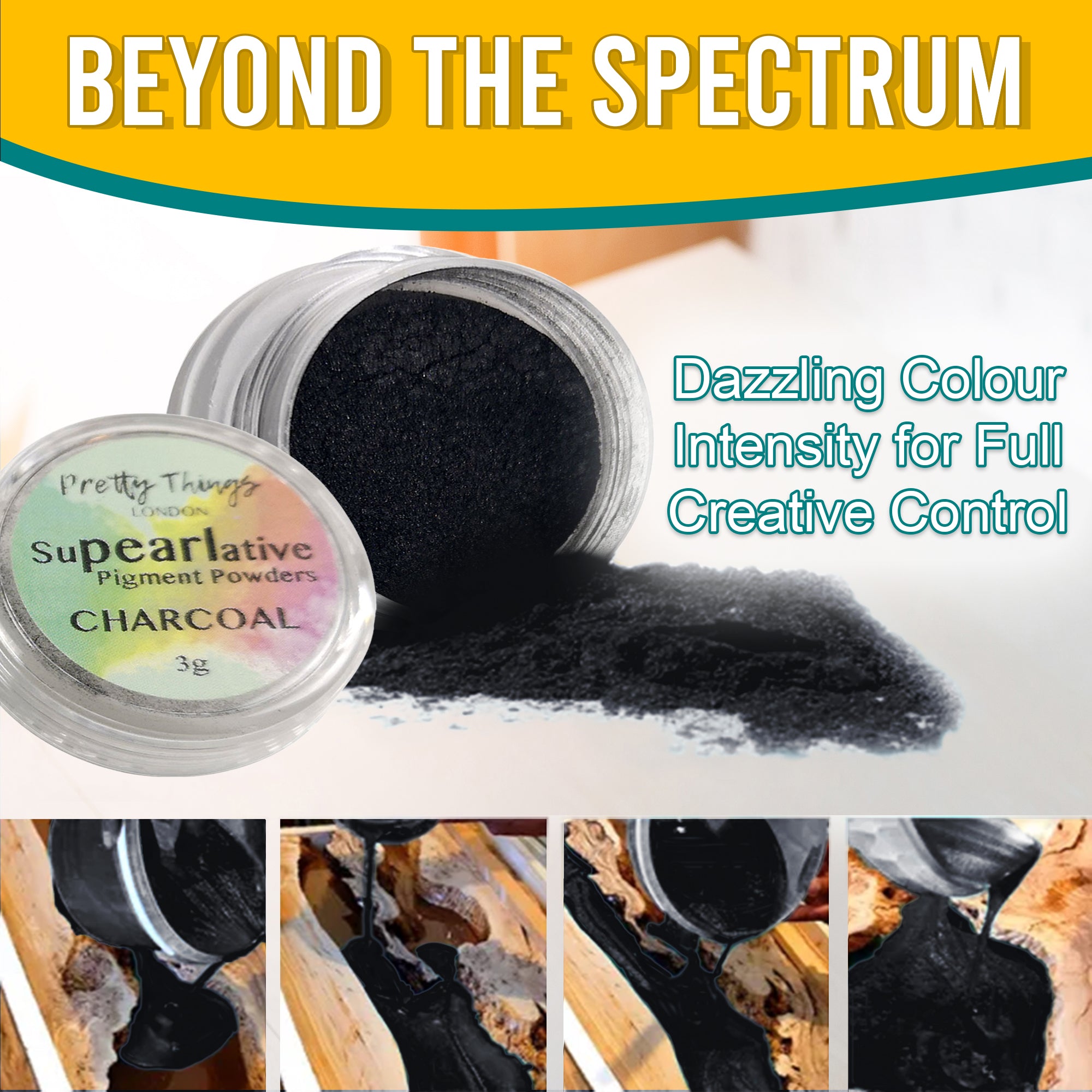 Charcoal pigment powder pouring from an open container, demonstrating dazzling colour intensity for full creative control. A series of images show the pigment in various stages of use.