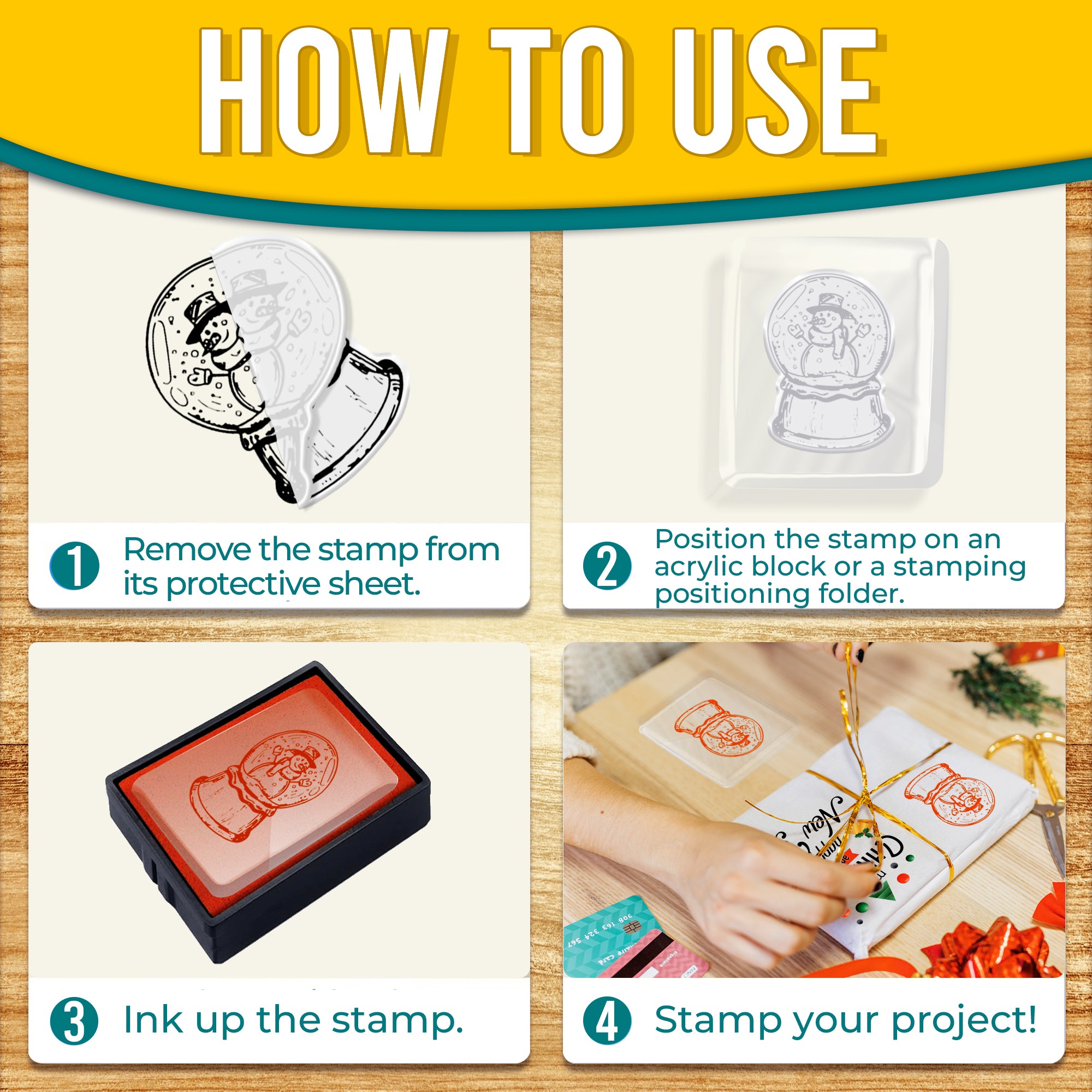 Step-by-step guide on how to use Pretty Things London clear stamps. The images illustrate removing the stamp from its protective sheet, positioning it on an acrylic block, inking the stamp, and stamping the project. The text 'HOW TO USE' provides clear instructions for achieving perfect stamped images.