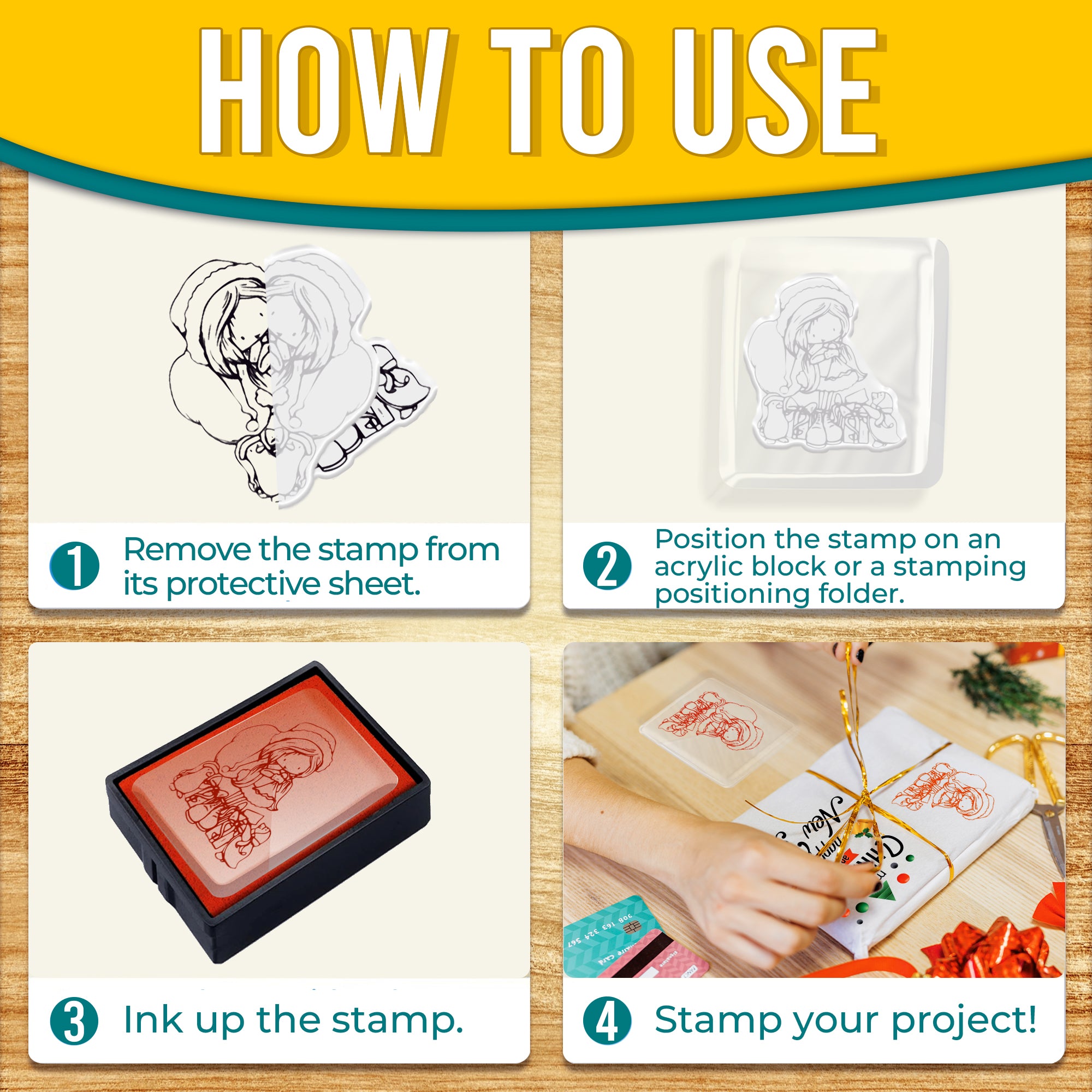 Step-by-step guide on how to use Pretty Things London Winter Girls clear stamps, showing the process of removing the stamp, positioning it on an acrylic block, inking it up, and stamping a project.