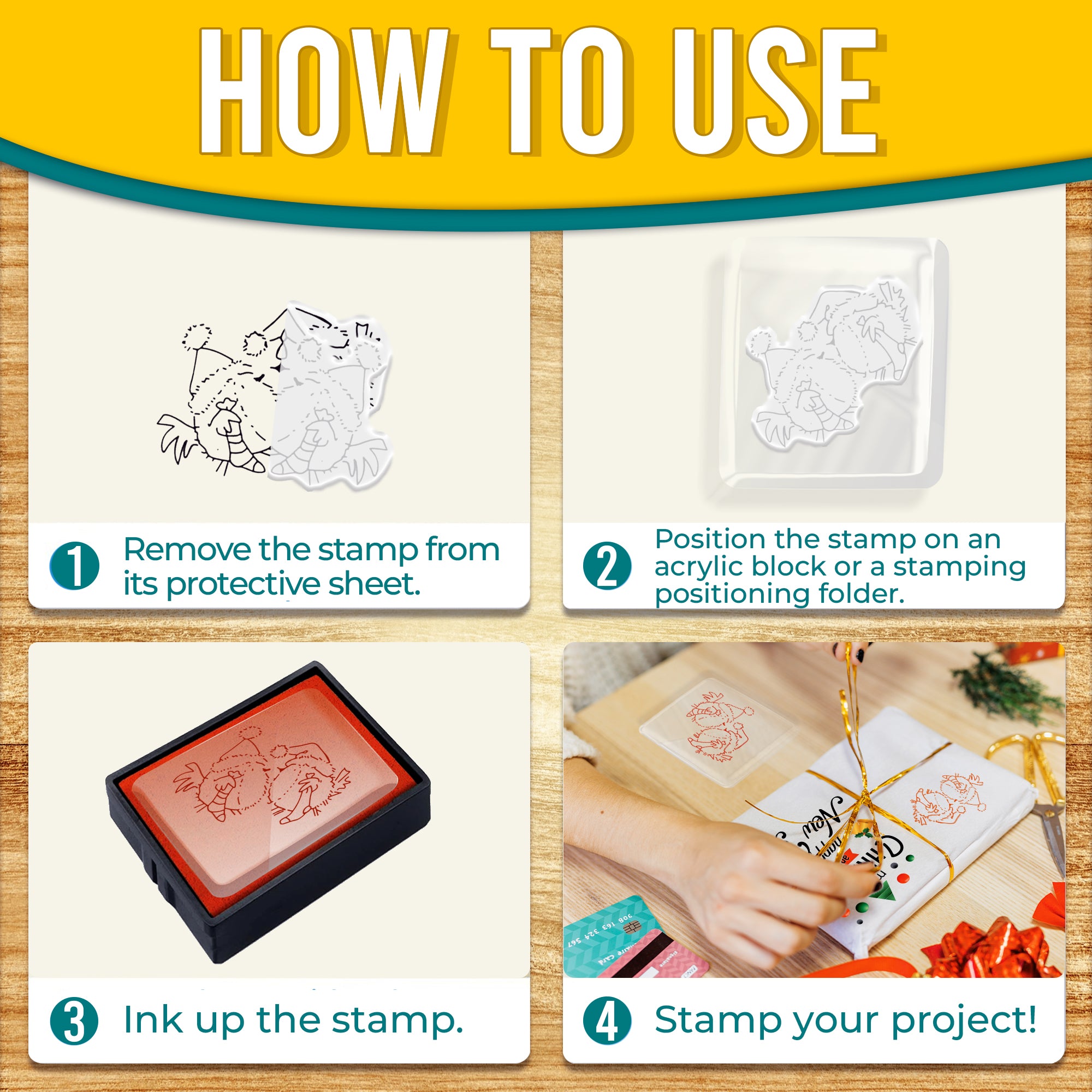 A step-by-step guide on using the Pretty Things London Christmas Animals stamps. The instructions include removing the stamp from its protective sheet, positioning it on an acrylic block or stamping folder, inking up the stamp, and stamping your project.