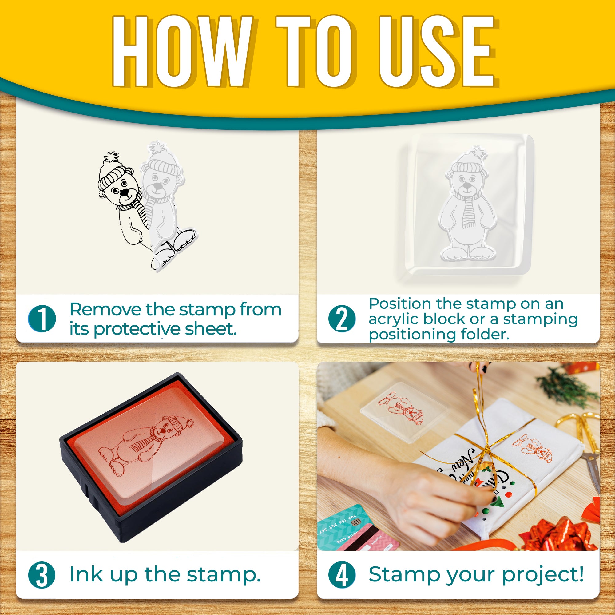 Step-by-step guide on using the winter bear stamps. Step 1: Remove the stamp from its protective sheet. Step 2: Position the stamp on an acrylic block or a stamping positioning folder. Step 3: Ink up the stamp. Step 4: Stamp your project, with an image of a person stamping a holiday card.