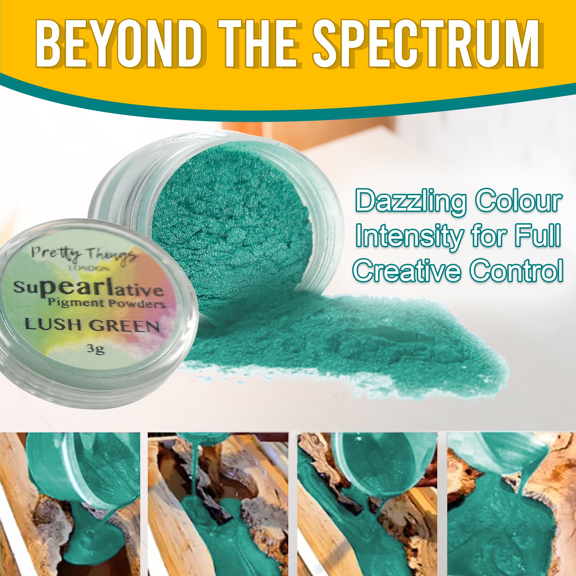 Lush Green pigment powder pouring from an open container, demonstrating dazzling colour intensity for full creative control. A series of images show the pigment in various stages of use.