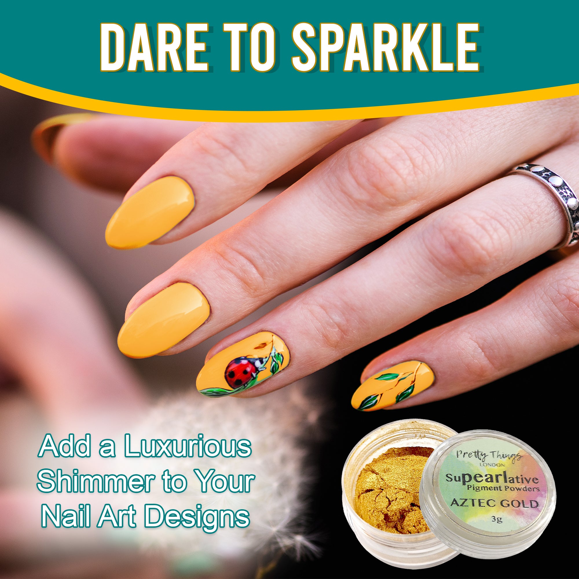 Model with luxurious nail art featuring a ladybug design, enhanced by Aztec Gold pigment powder, highlighting its use in adding shimmer to nail designs.