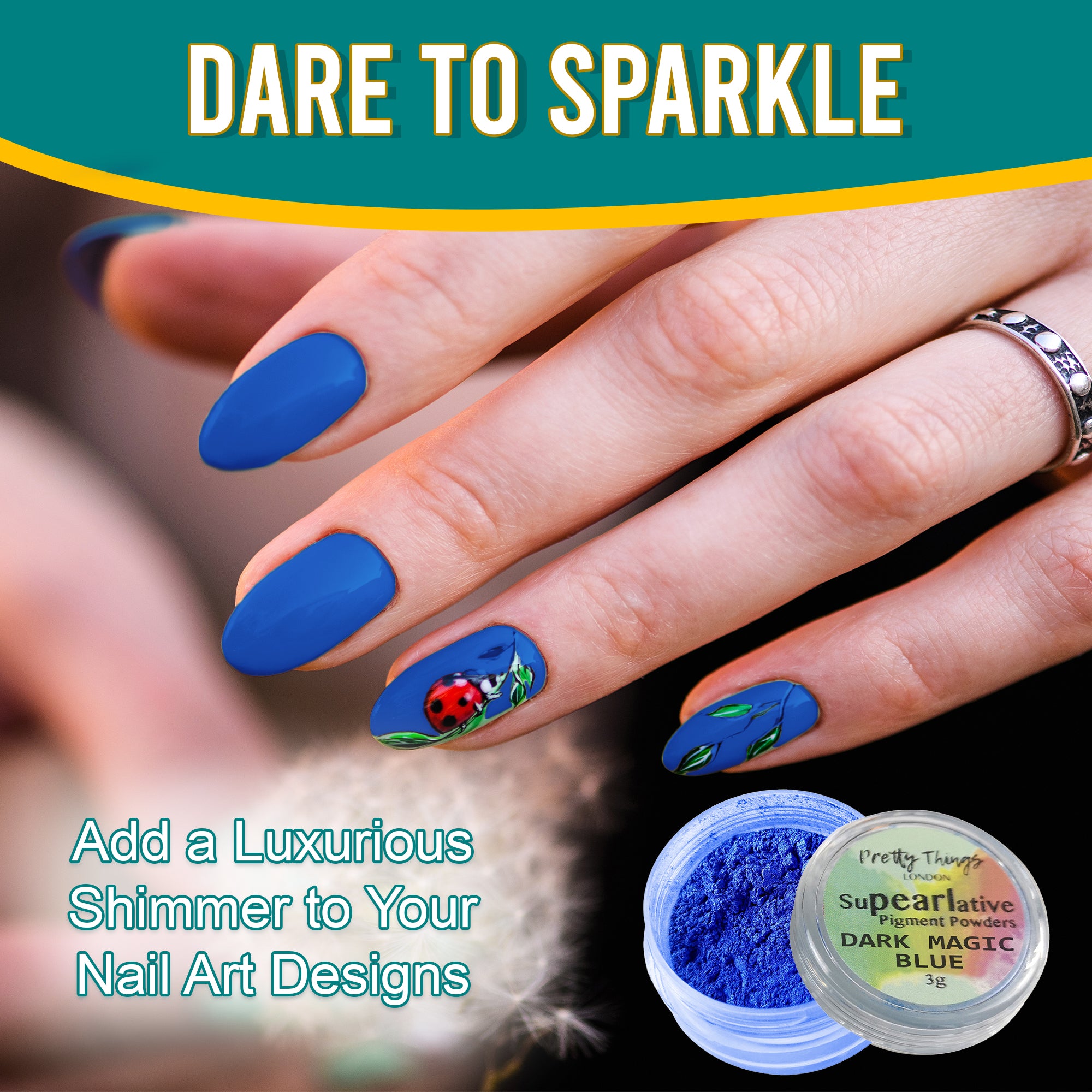 Model with luxurious nail art featuring a ladybug design, enhanced by Dark Magic Blue pigment powder, highlighting its use in adding shimmer to nail designs.