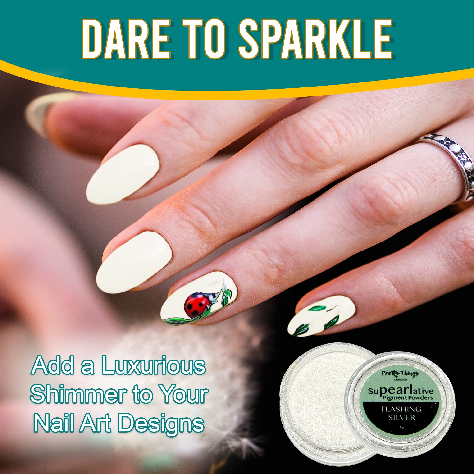 Model with luxurious nail art featuring a ladybug design, enhanced by Flashing Silver pigment powder, highlighting its use in adding shimmer to nail designs.