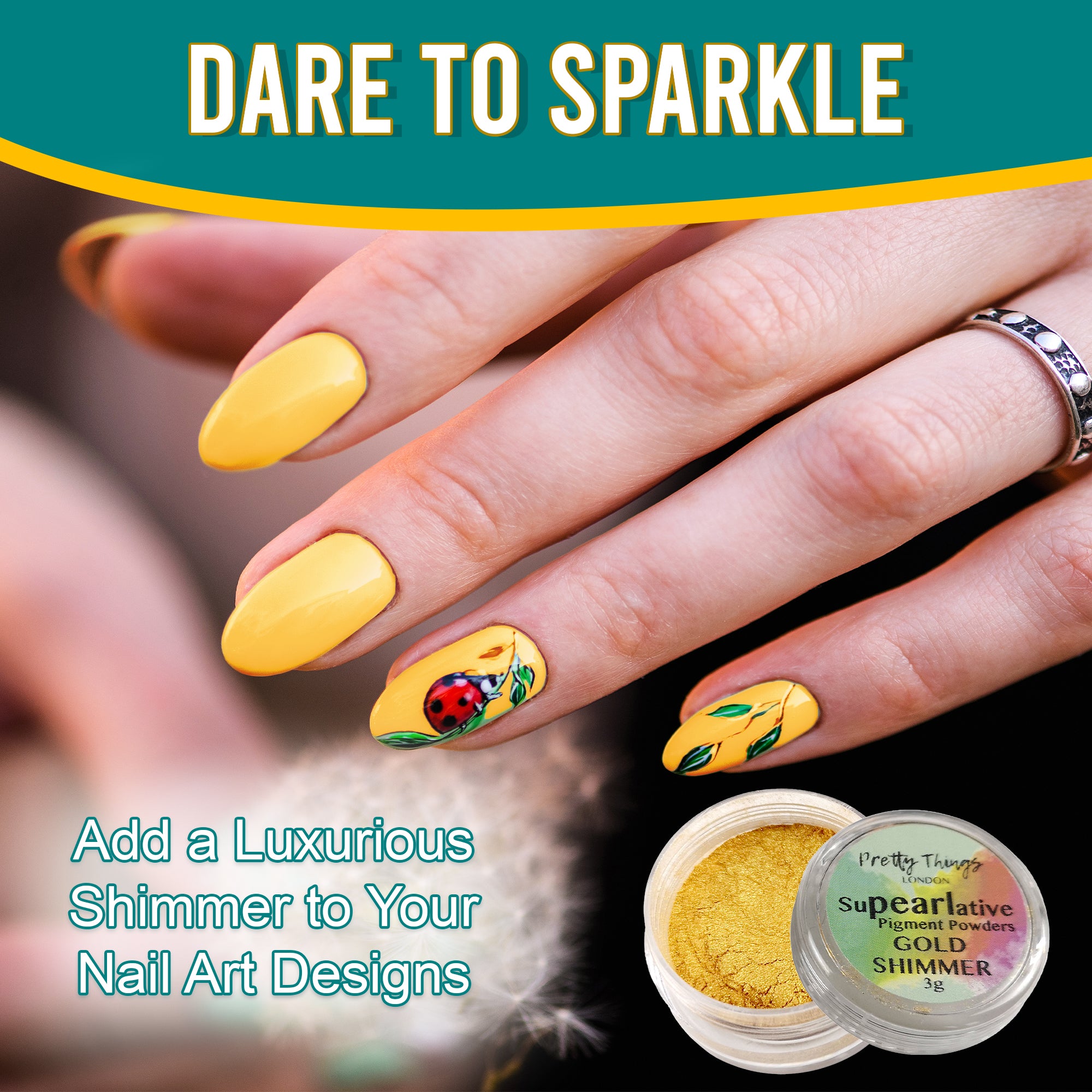 Model with luxurious nail art featuring a ladybug design, enhanced by Gold Shimmer pigment powder, highlighting its use in adding shimmer to nail designs.