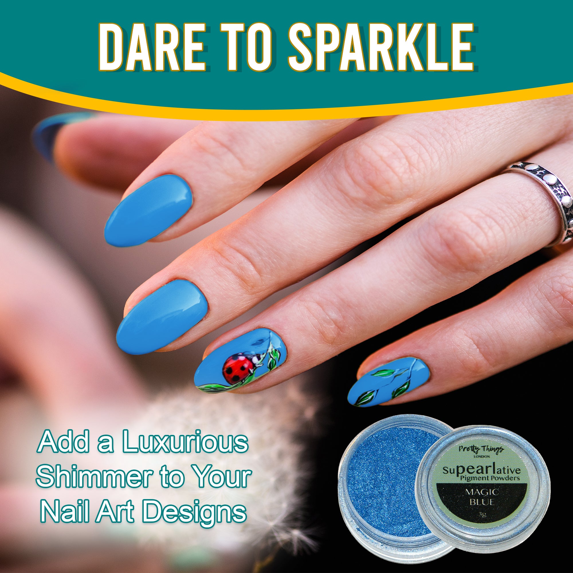 Model with luxurious nail art featuring a ladybug design, enhanced by Magic Blue pigment powder, highlighting its use in adding shimmer to nail designs.