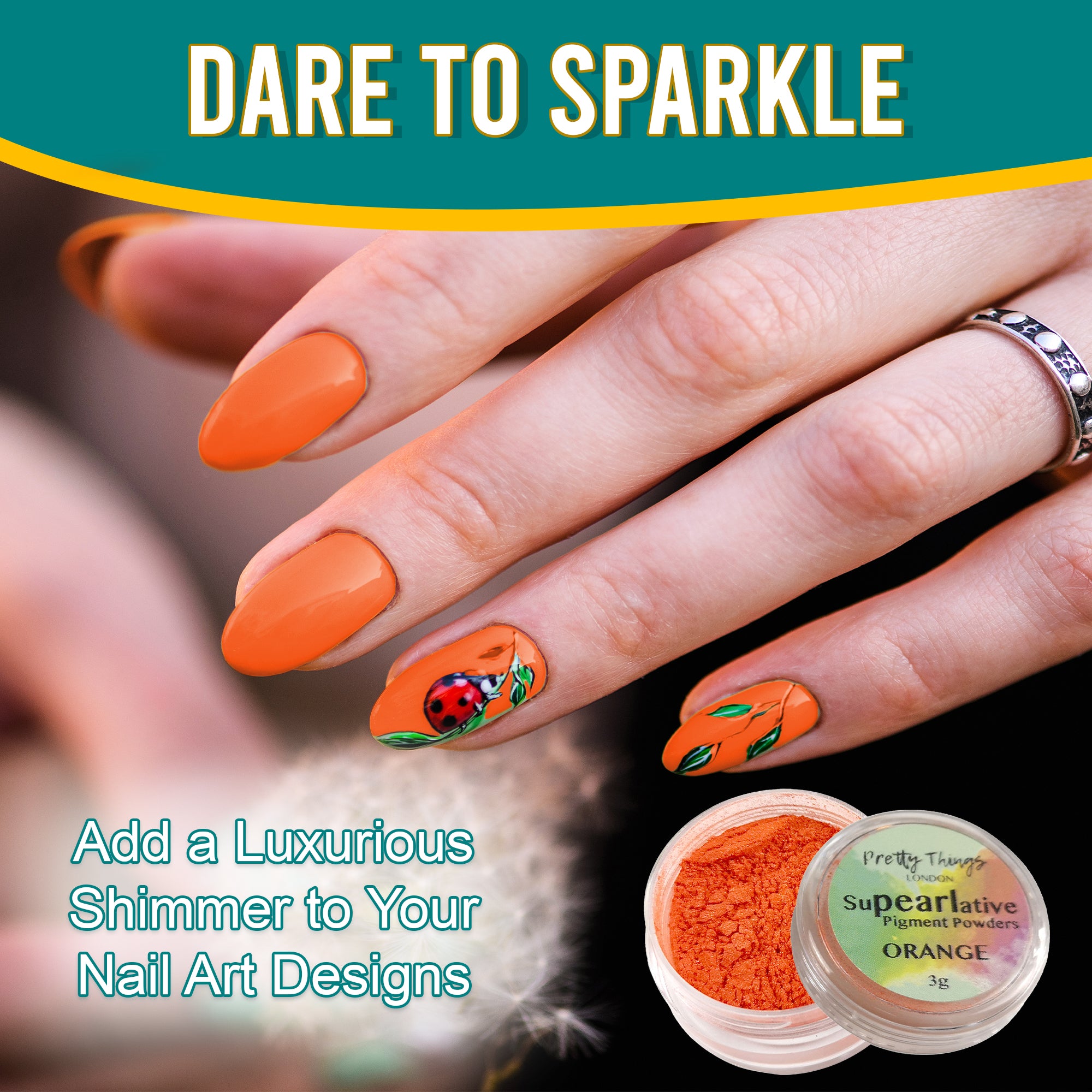 Model with luxurious nail art featuring a ladybug design, enhanced by Orange pigment powder, highlighting its use in adding shimmer to nail designs.