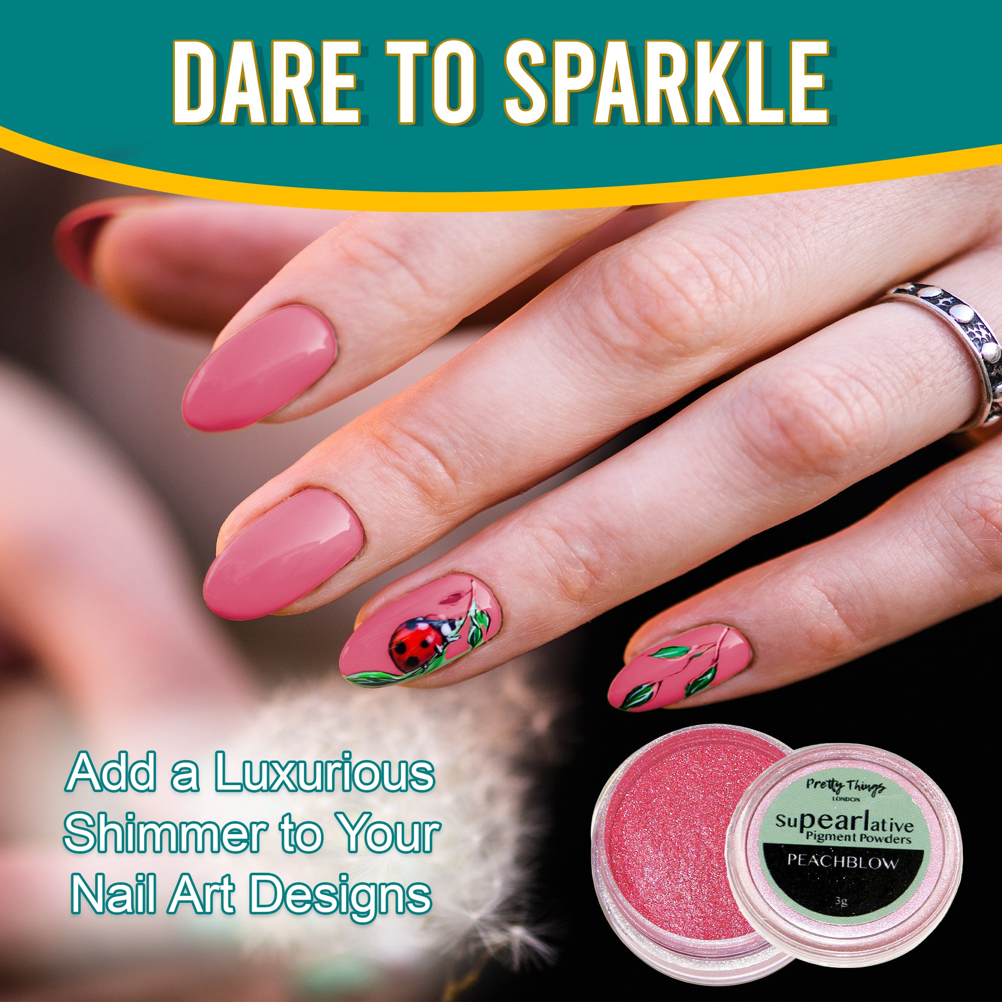 Model with luxurious nail art featuring a ladybug design, enhanced by Peachblow pigment powder, highlighting its use in adding shimmer to nail designs.