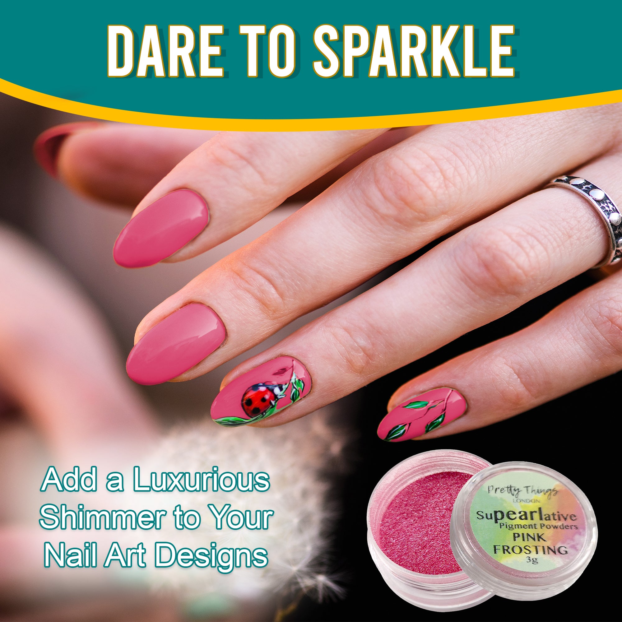 Model with luxurious nail art featuring a ladybug design, enhanced by Pink Frosting pigment powder, highlighting its use in adding shimmer to nail designs.