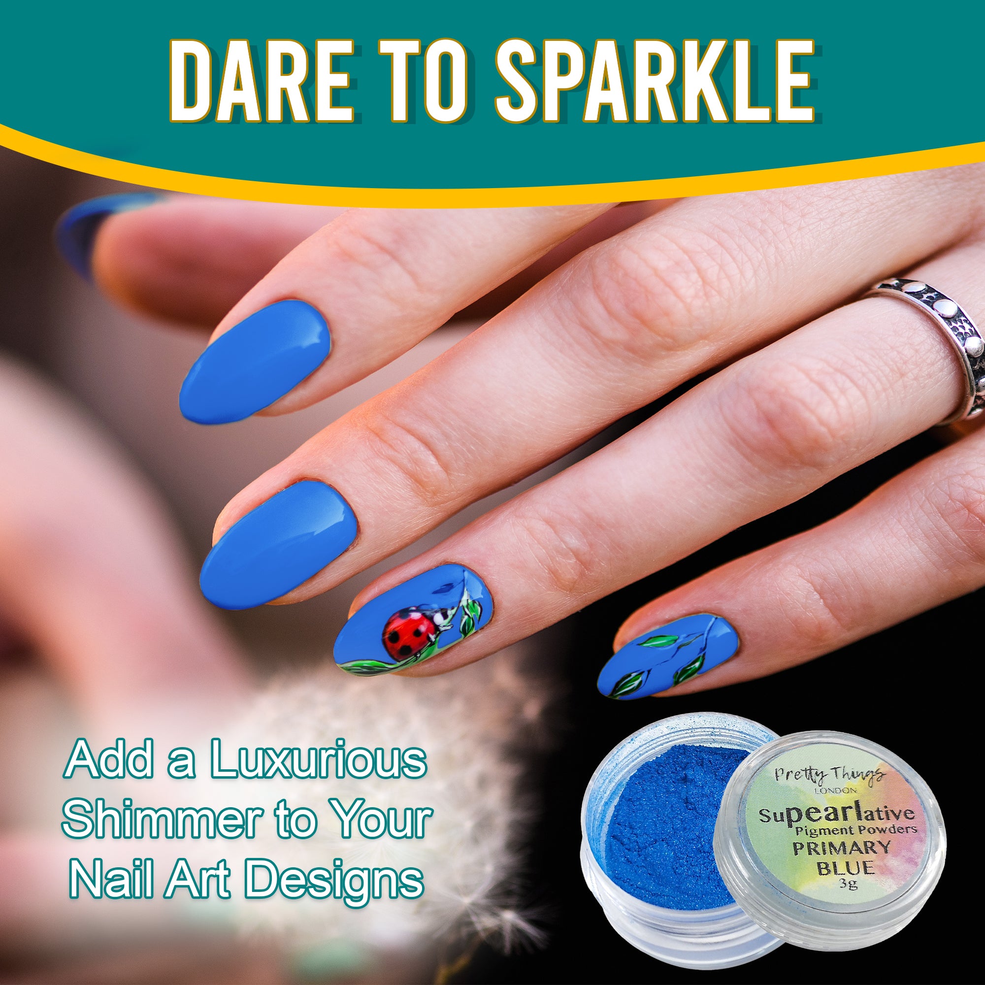 Model with luxurious nail art featuring a ladybug design, enhanced by Primary Blue pigment powder, highlighting its use in adding shimmer to nail designs.