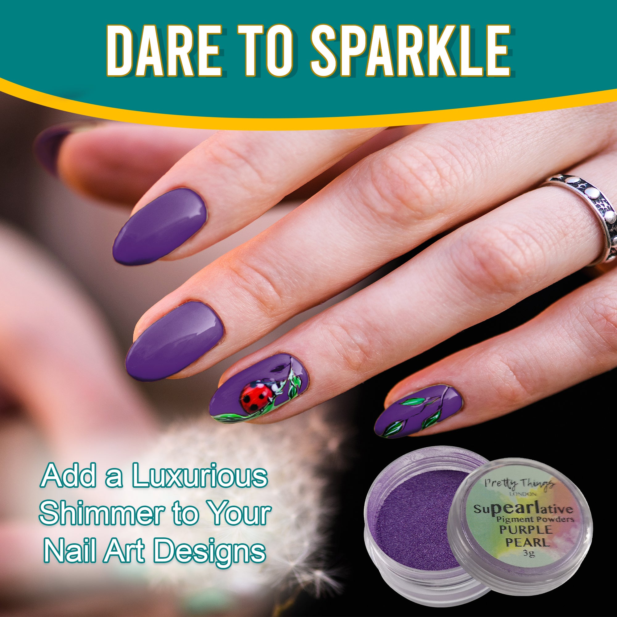 Model with luxurious nail art featuring a ladybug design, enhanced by Purple Pearl pigment powder, highlighting its use in adding shimmer to nail designs.