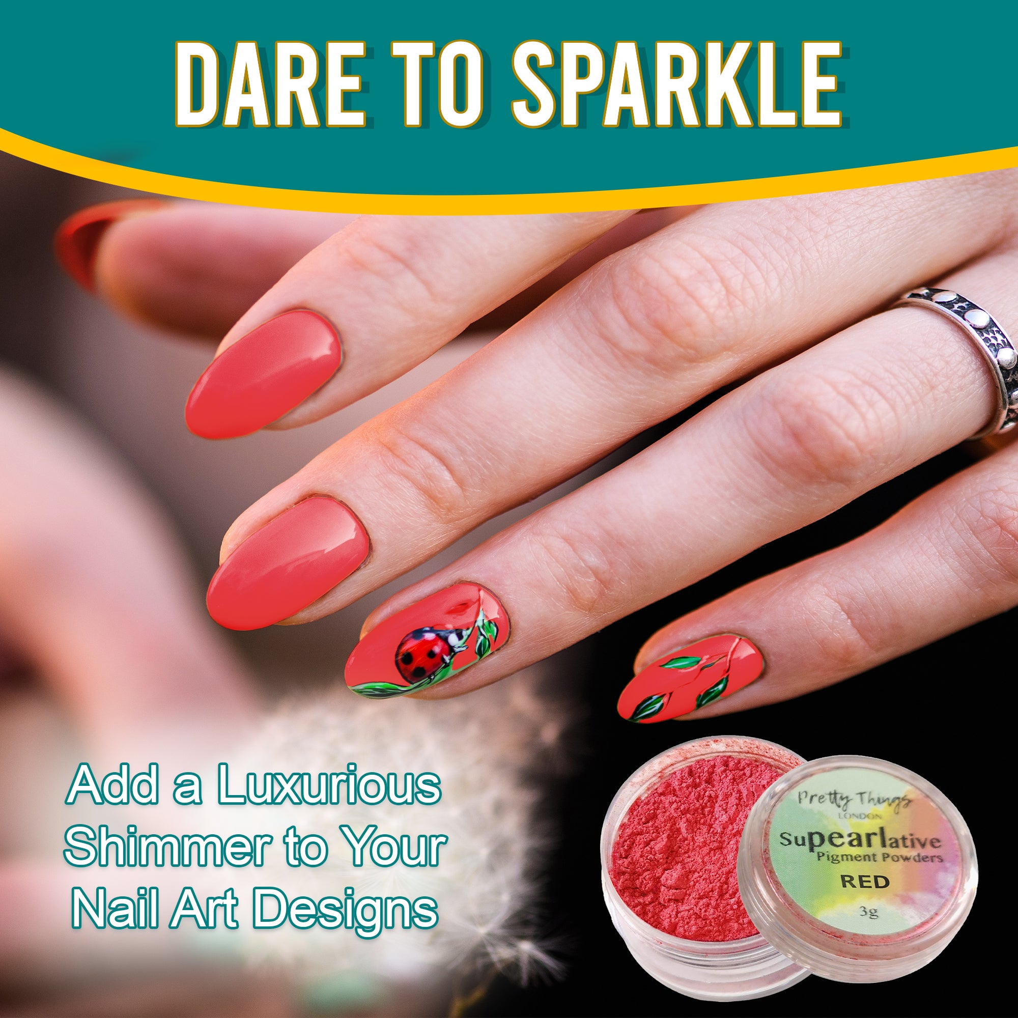 Model with luxurious nail art featuring a ladybug design, enhanced by Red pigment powder, highlighting its use in adding shimmer to nail designs.