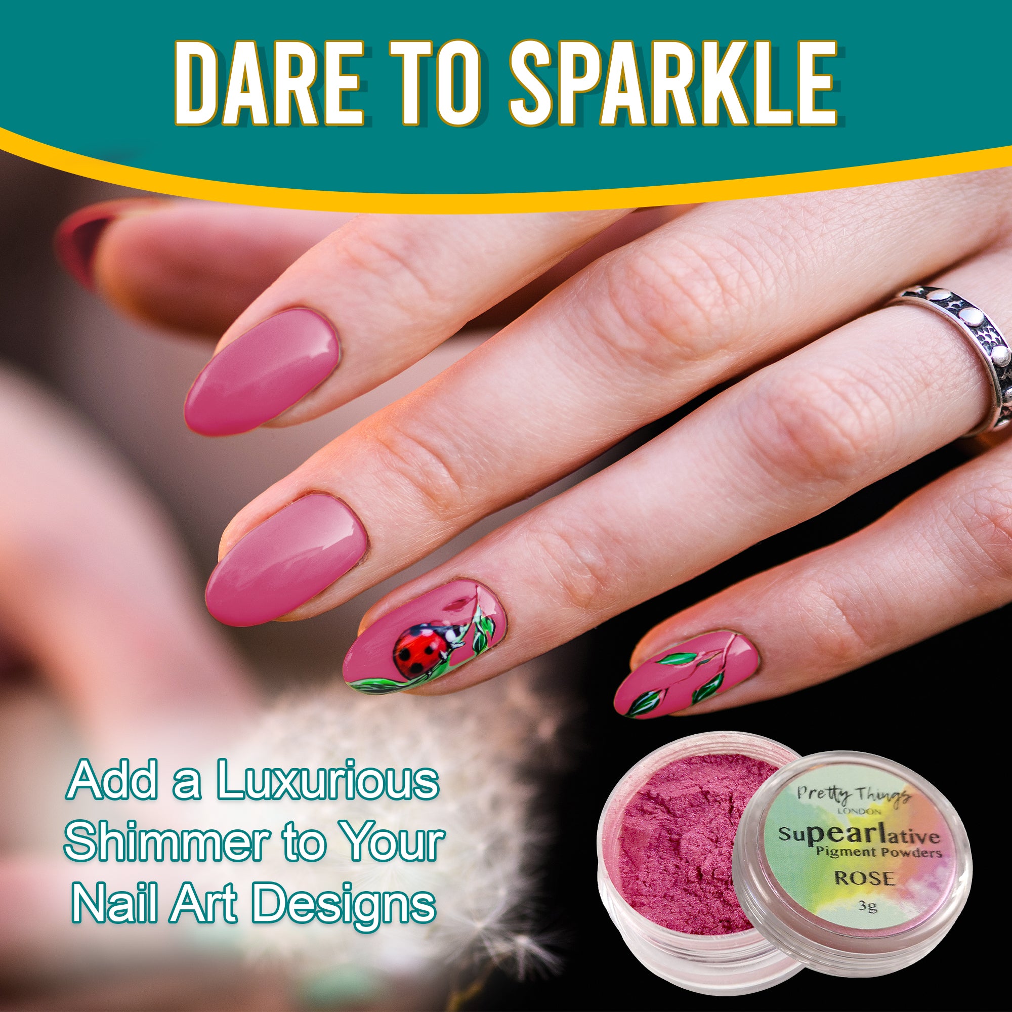 Model with luxurious nail art featuring a ladybug design, enhanced by Rose pigment powder, highlighting its use in adding shimmer to nail designs.