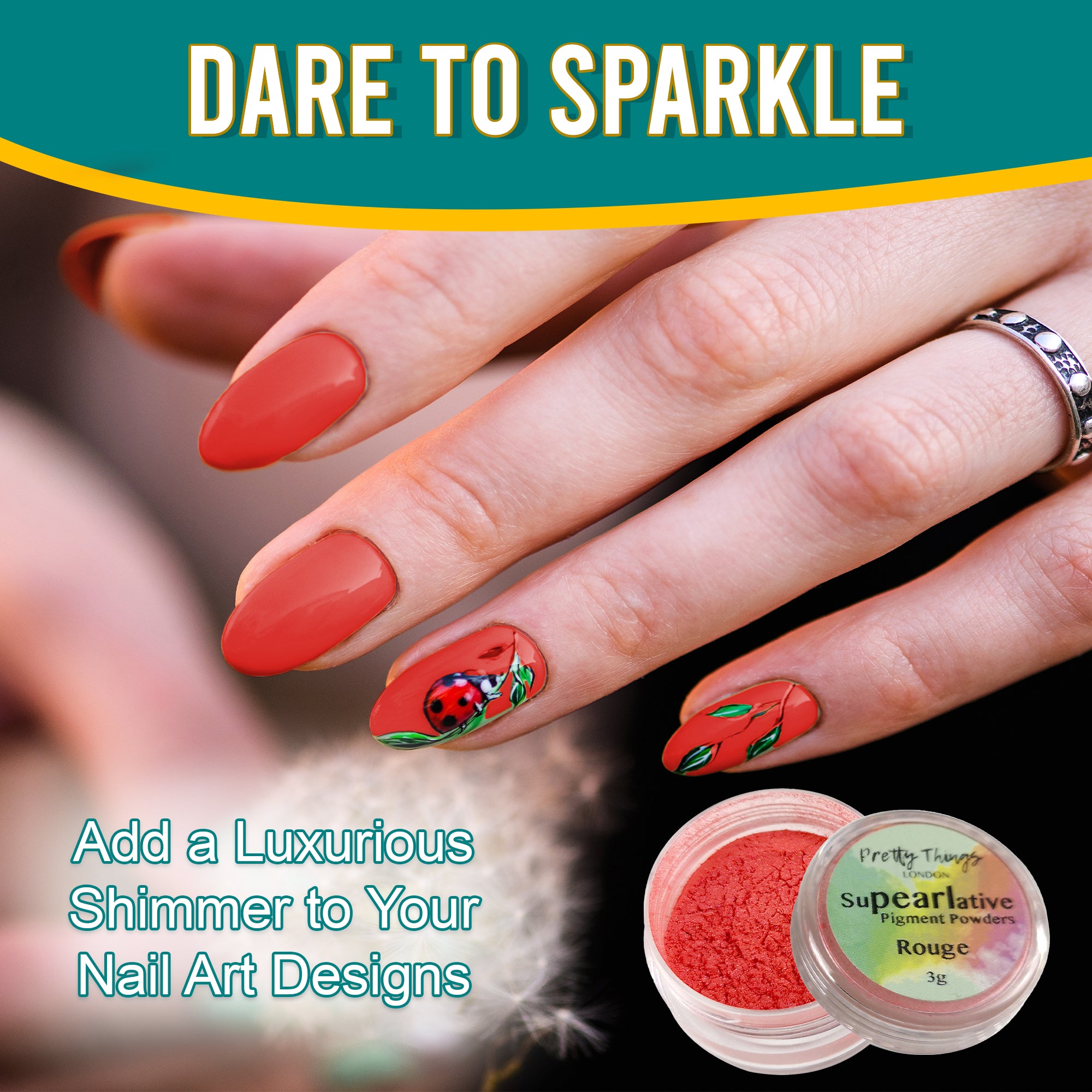 Model with luxurious nail art featuring a ladybug design, enhanced by Rouge pigment powder, highlighting its use in adding shimmer to nail designs.