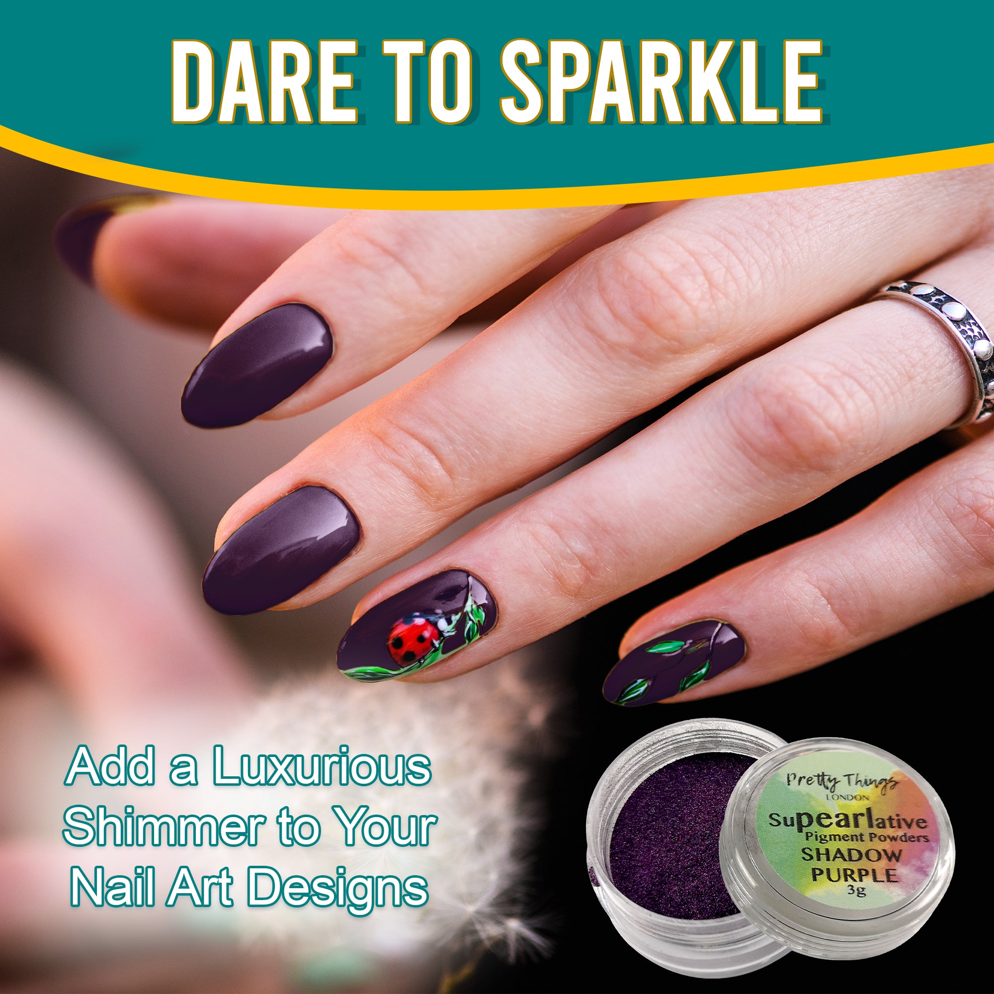 Model with luxurious nail art featuring a ladybug design, enhanced by Shadow Purple pigment powder, highlighting its use in adding shimmer to nail designs.