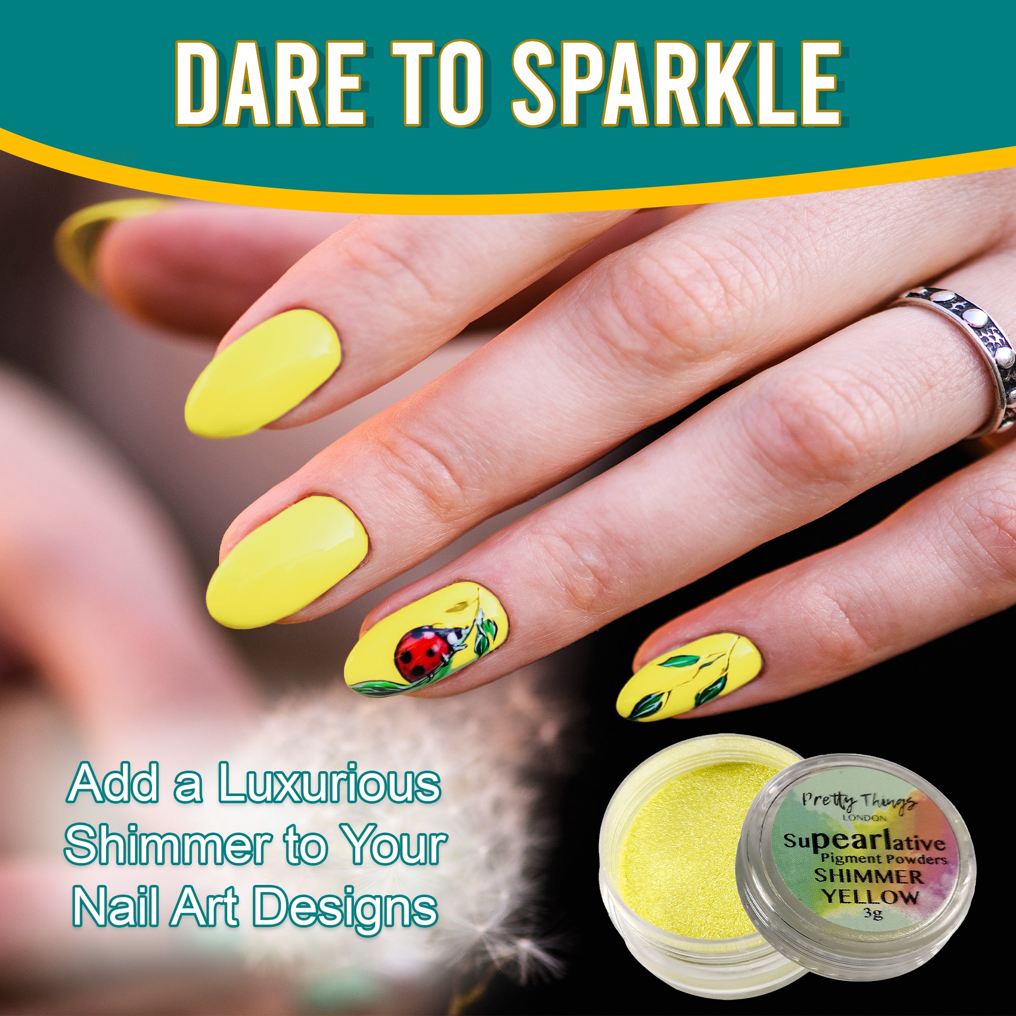 Model with luxurious nail art featuring a ladybug design, enhanced by Shimmer Yellow pigment powder, highlighting its use in adding shimmer to nail designs.